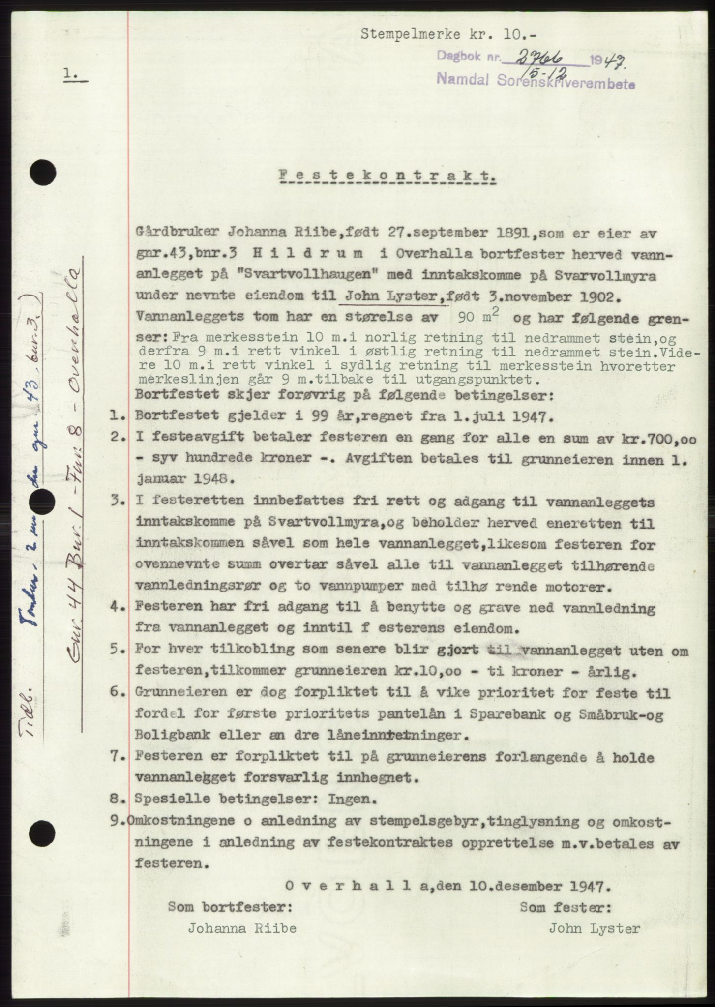 Namdal sorenskriveri, SAT/A-4133/1/2/2C: Pantebok nr. -, 1947-1948, Dagboknr: 2766/1947