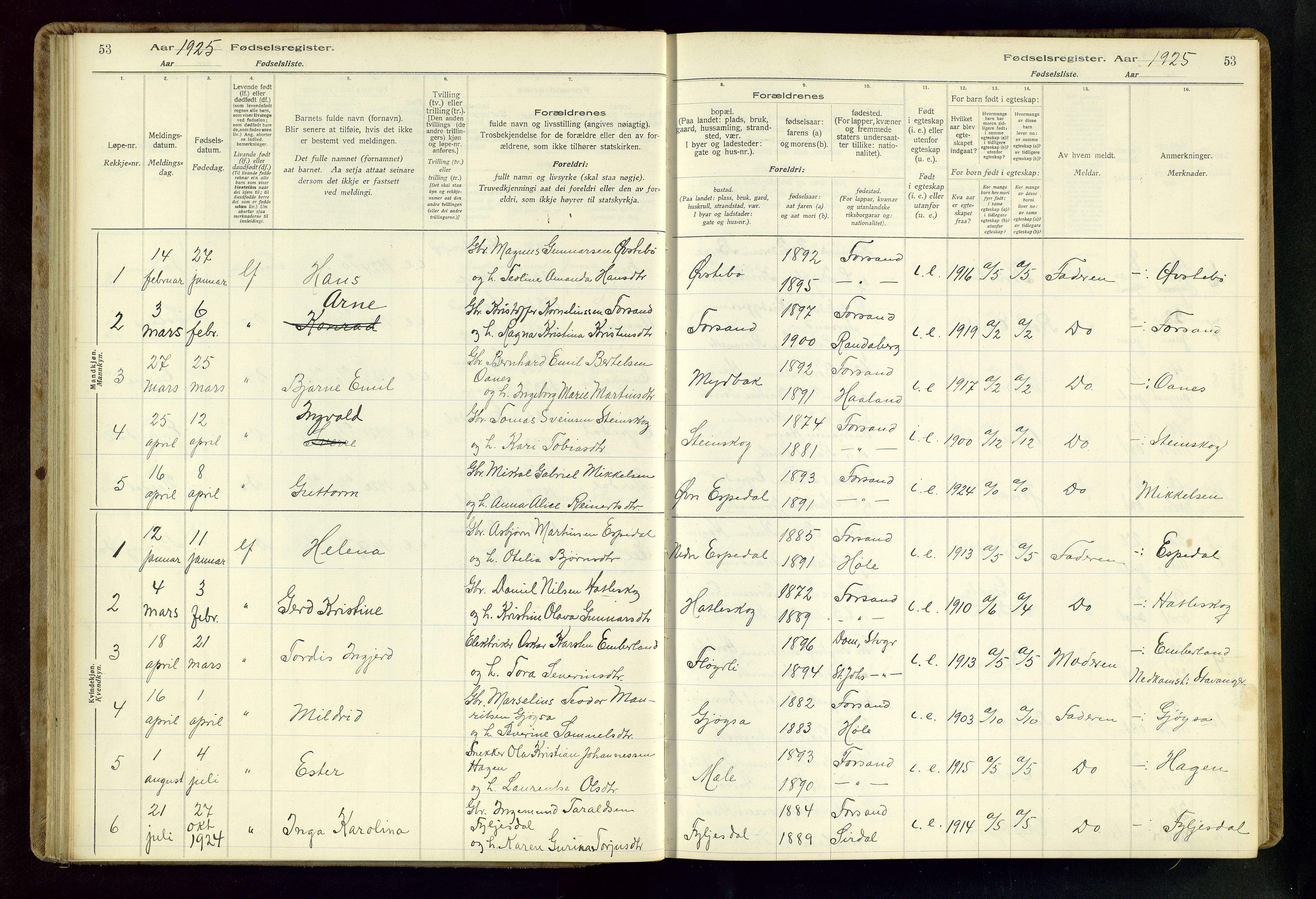 Høgsfjord sokneprestkontor, AV/SAST-A-101624/I/Id/L0002: Fødselsregister nr. 2, 1916-1959, s. 53