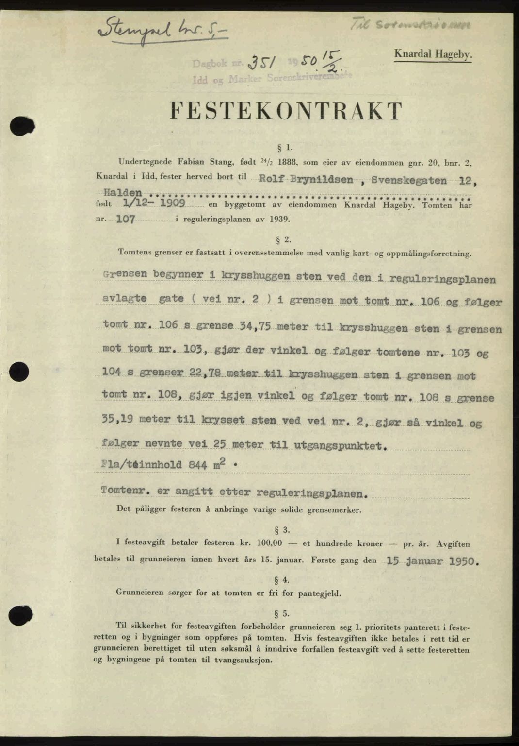 Idd og Marker sorenskriveri, SAO/A-10283/G/Gb/Gbb/L0013: Pantebok nr. A13, 1949-1950, Dagboknr: 351/1950