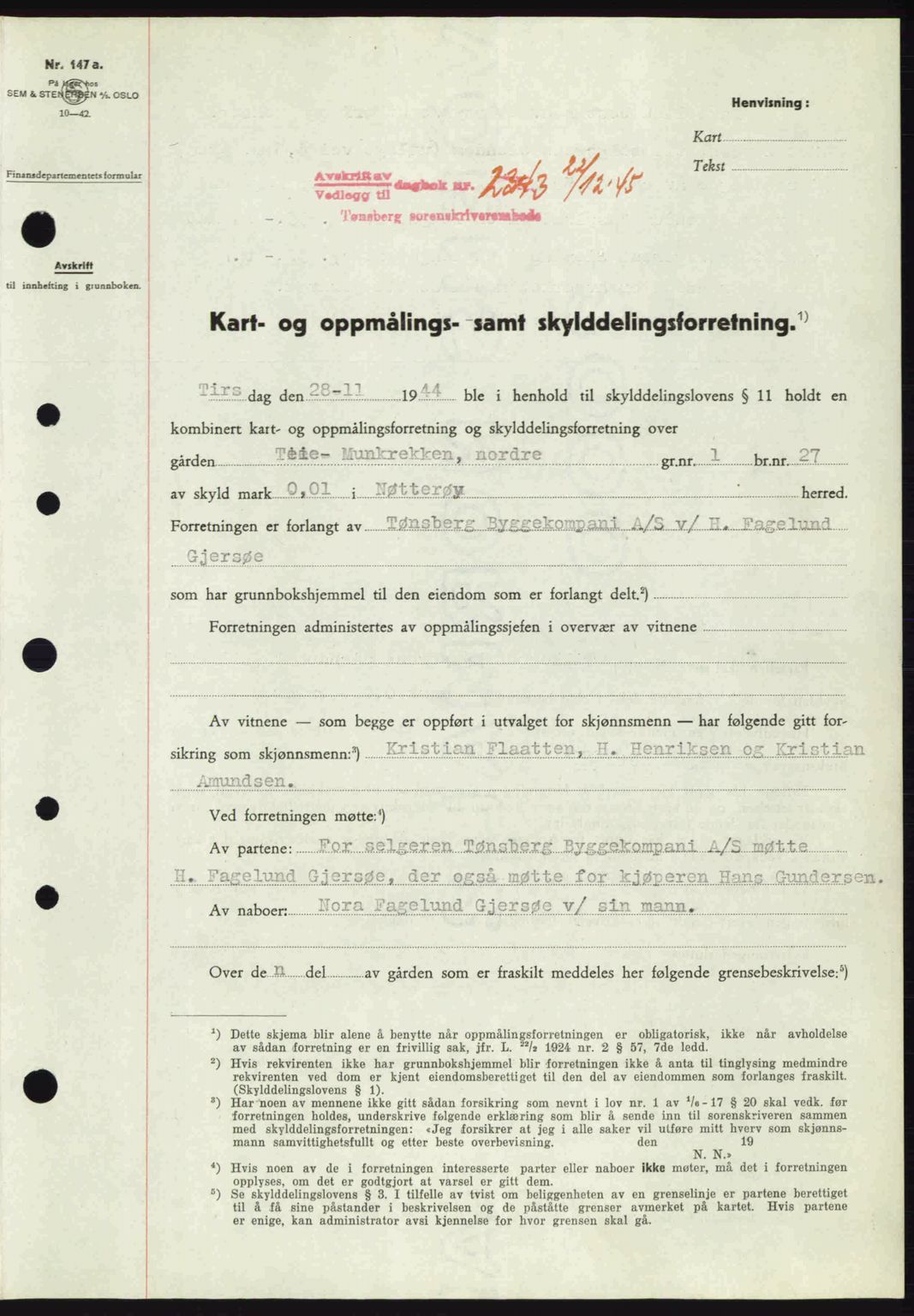 Tønsberg sorenskriveri, AV/SAKO-A-130/G/Ga/Gaa/L0017a: Pantebok nr. A17a, 1945-1945, Dagboknr: 2343/1945