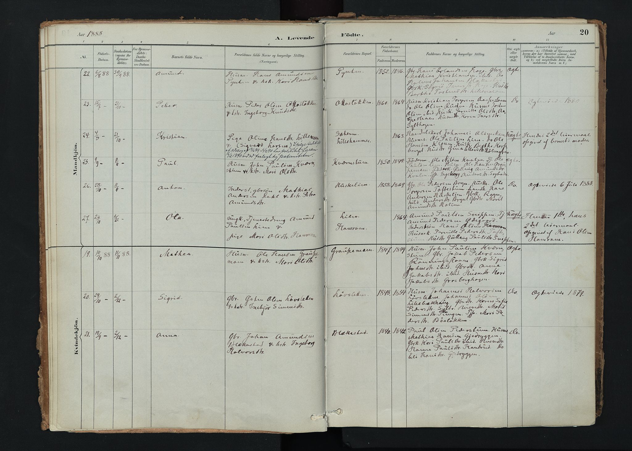 Nord-Fron prestekontor, AV/SAH-PREST-080/H/Ha/Haa/L0005: Ministerialbok nr. 5, 1884-1914, s. 20