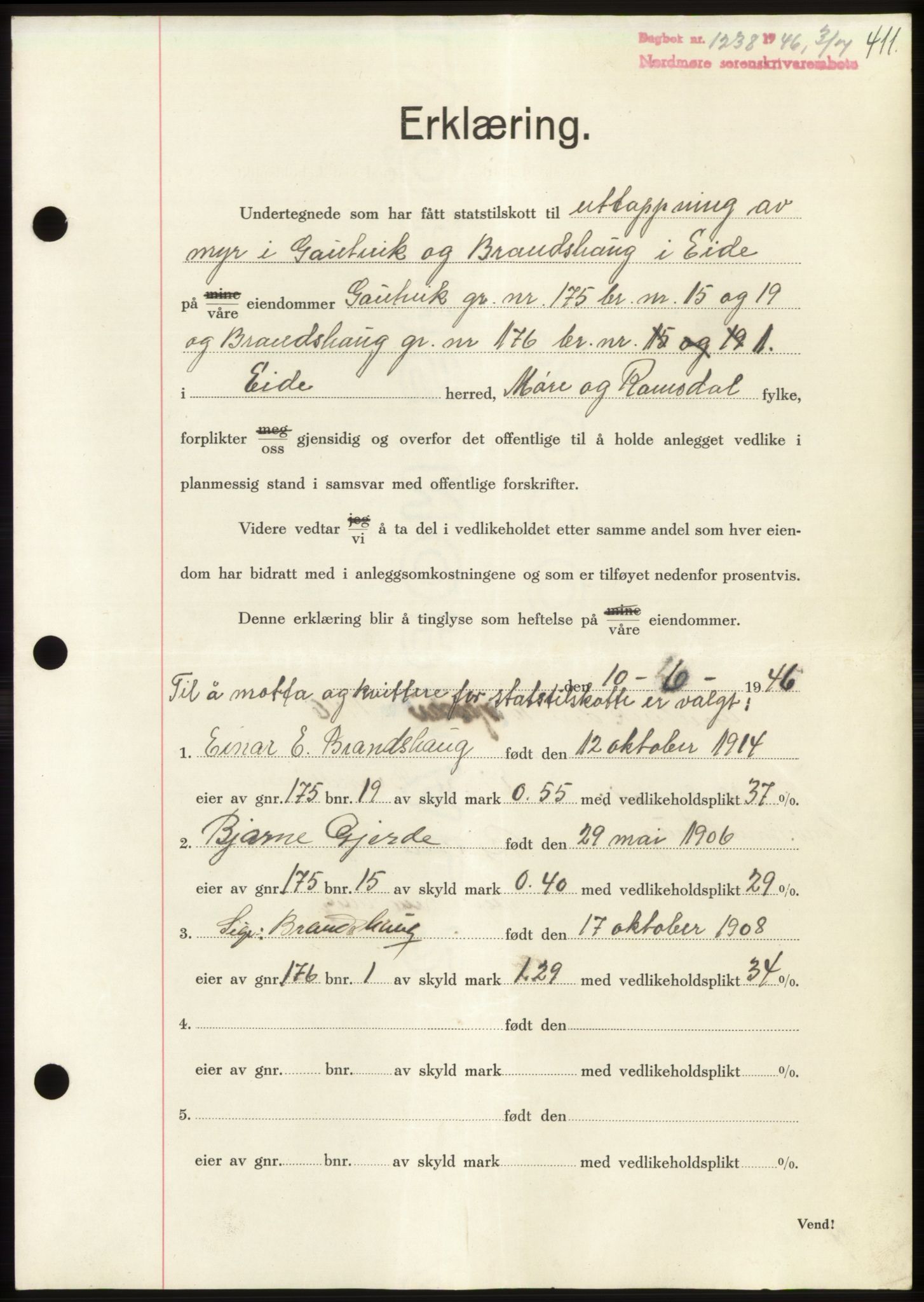 Nordmøre sorenskriveri, AV/SAT-A-4132/1/2/2Ca: Pantebok nr. B94, 1946-1946, Dagboknr: 1238/1946