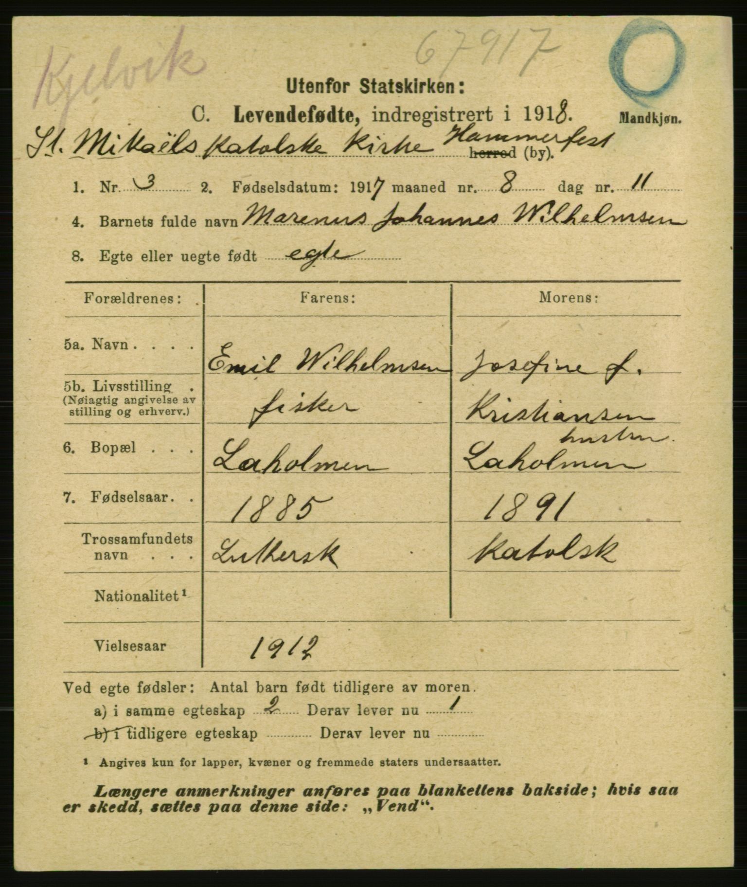 Statistisk sentralbyrå, Sosiodemografiske emner, Befolkning, AV/RA-S-2228/E/L0015: Fødte, gifte, døde dissentere., 1917, s. 3429