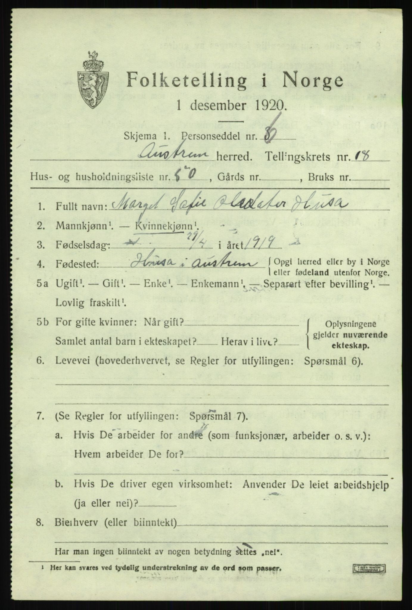 SAB, Folketelling 1920 for 1264 Austrheim herred, 1920, s. 6600