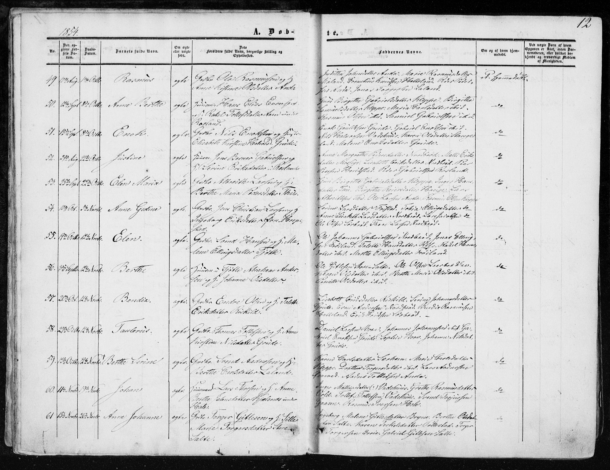 Klepp sokneprestkontor, AV/SAST-A-101803/001/3/30BA/L0005: Ministerialbok nr. A 5, 1853-1870, s. 12