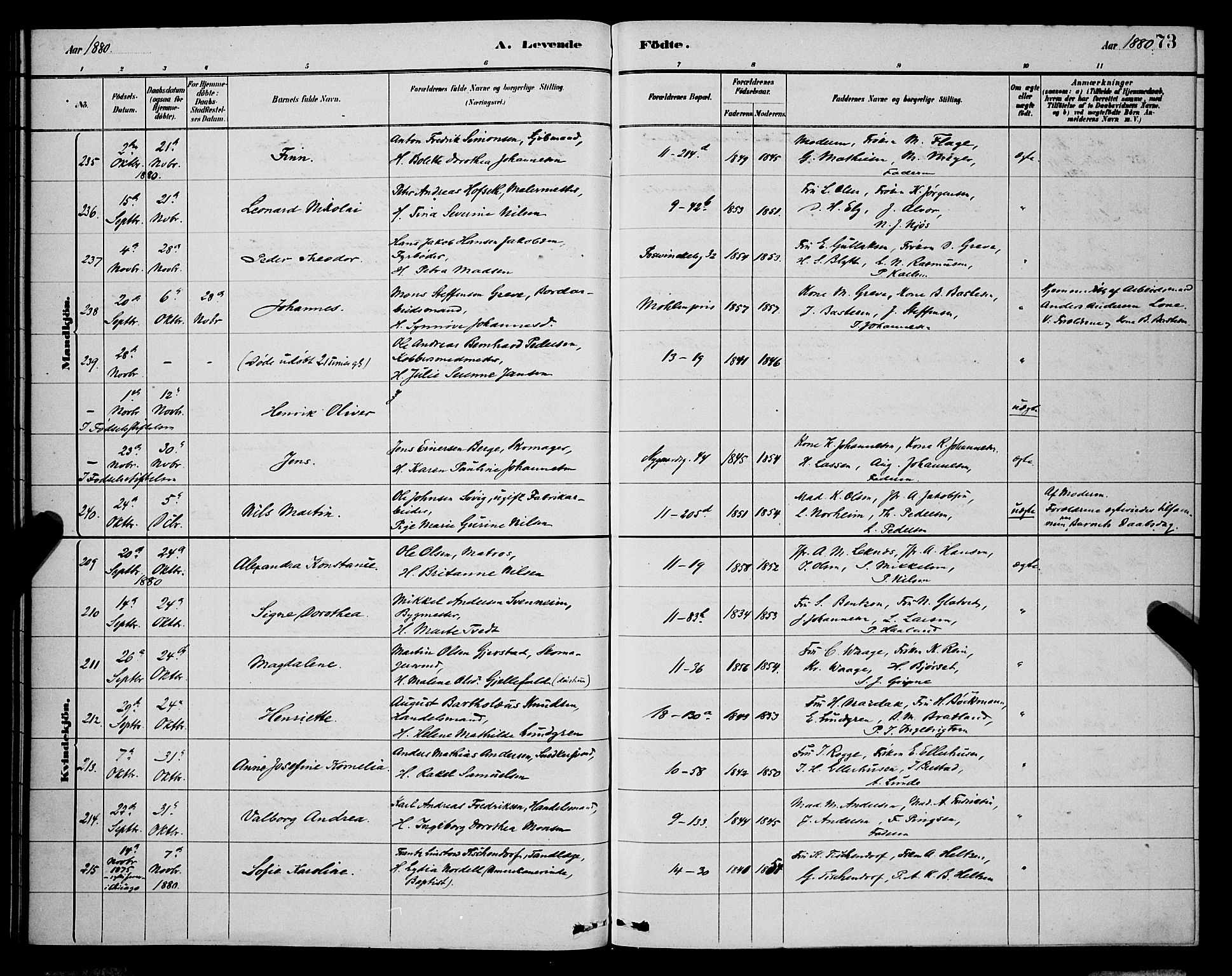 Domkirken sokneprestembete, AV/SAB-A-74801/H/Hab/L0015: Klokkerbok nr. B 8, 1879-1887, s. 73