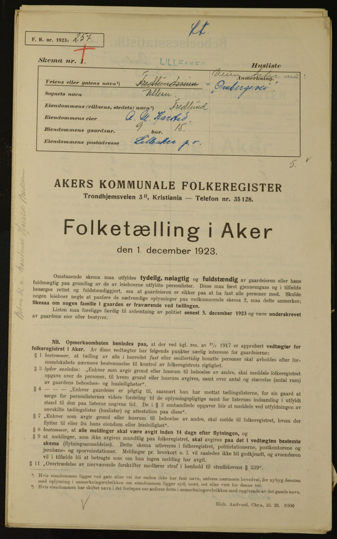 , Kommunal folketelling 1.12.1923 for Aker, 1923, s. 1696