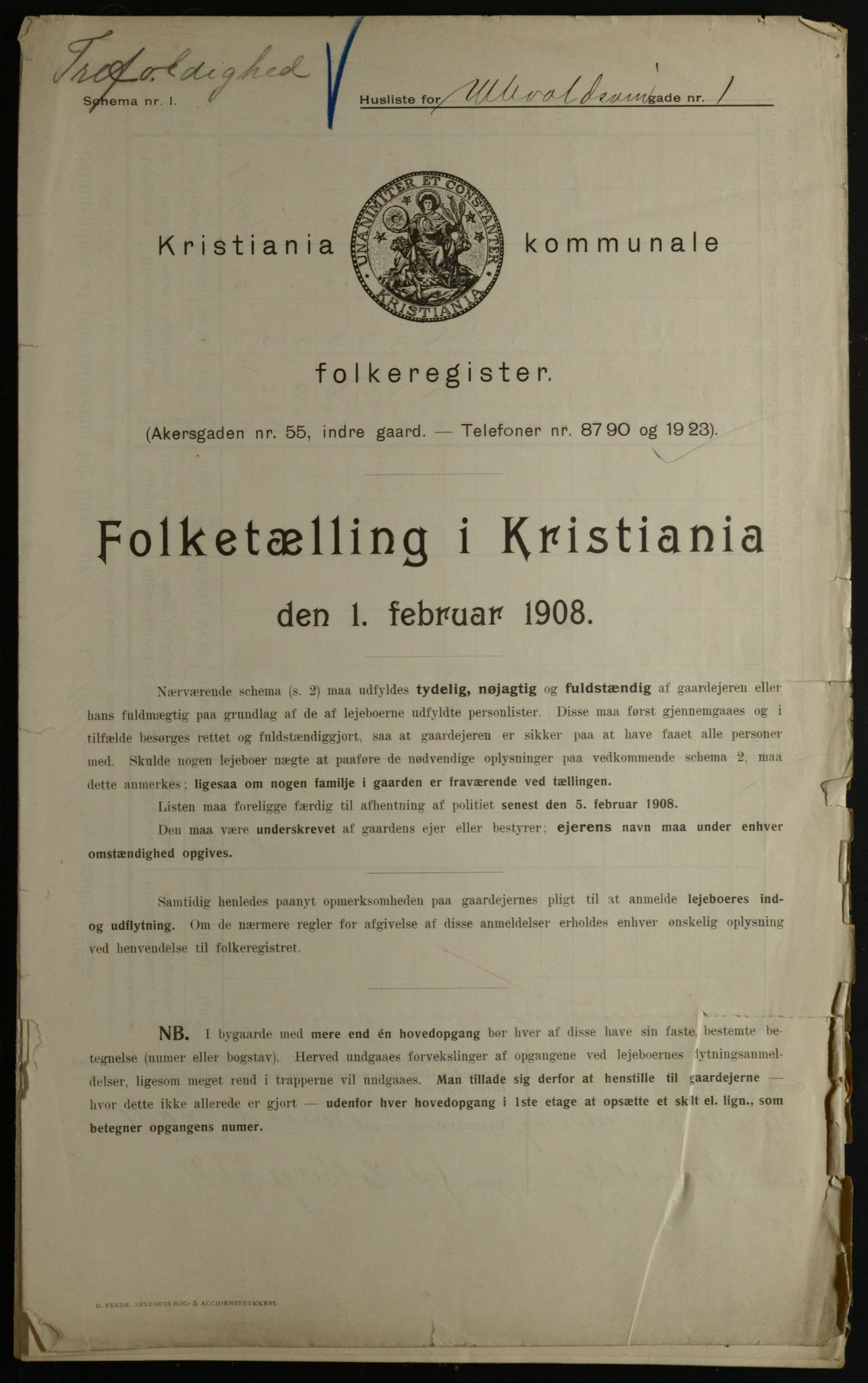 OBA, Kommunal folketelling 1.2.1908 for Kristiania kjøpstad, 1908, s. 106709