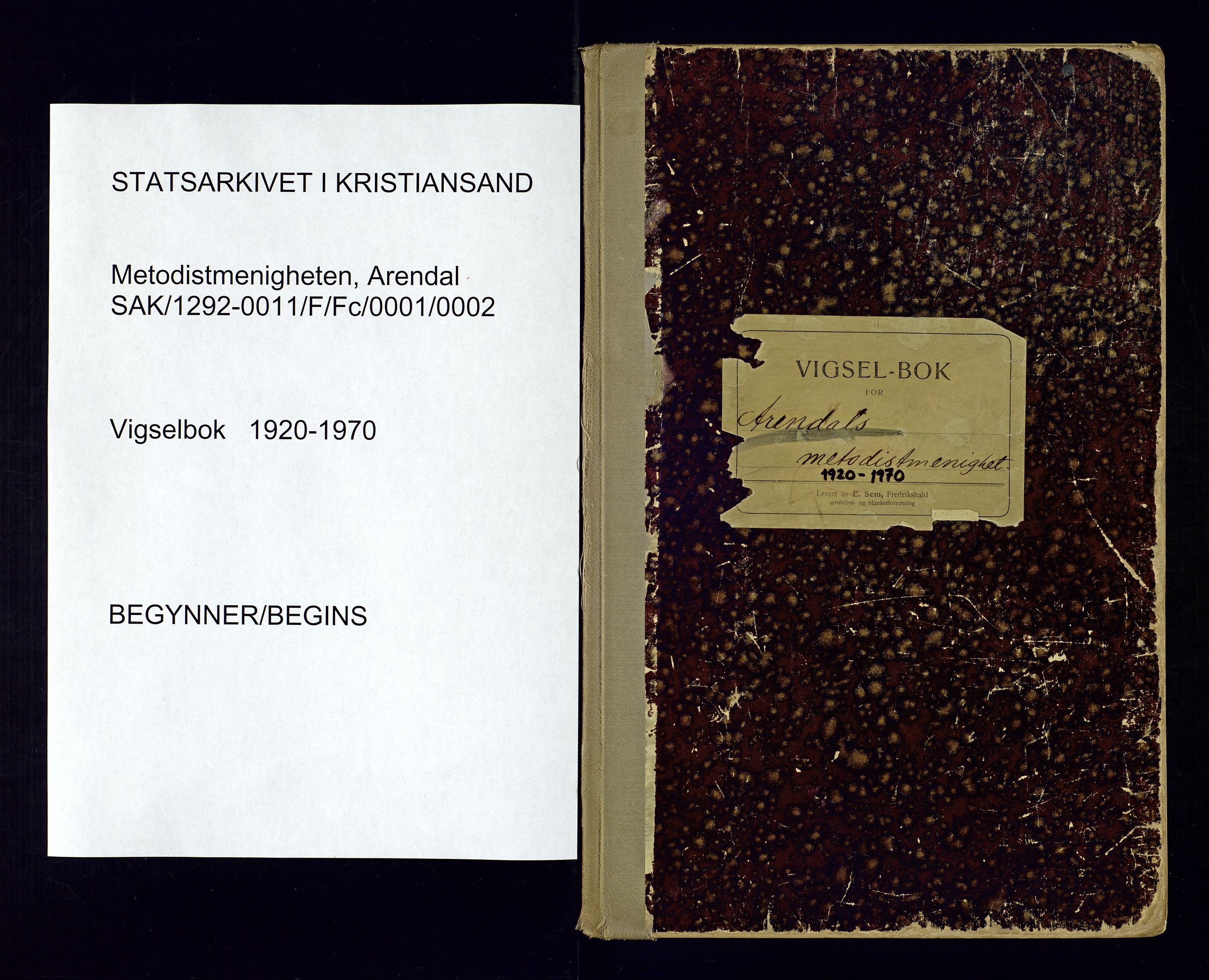 Metodistmenigheten, Arendal, SAK/1292-0011/F/Fc/L0001/0002: Vigselsbok (dissentere) nr. 1.2, 1920-1970