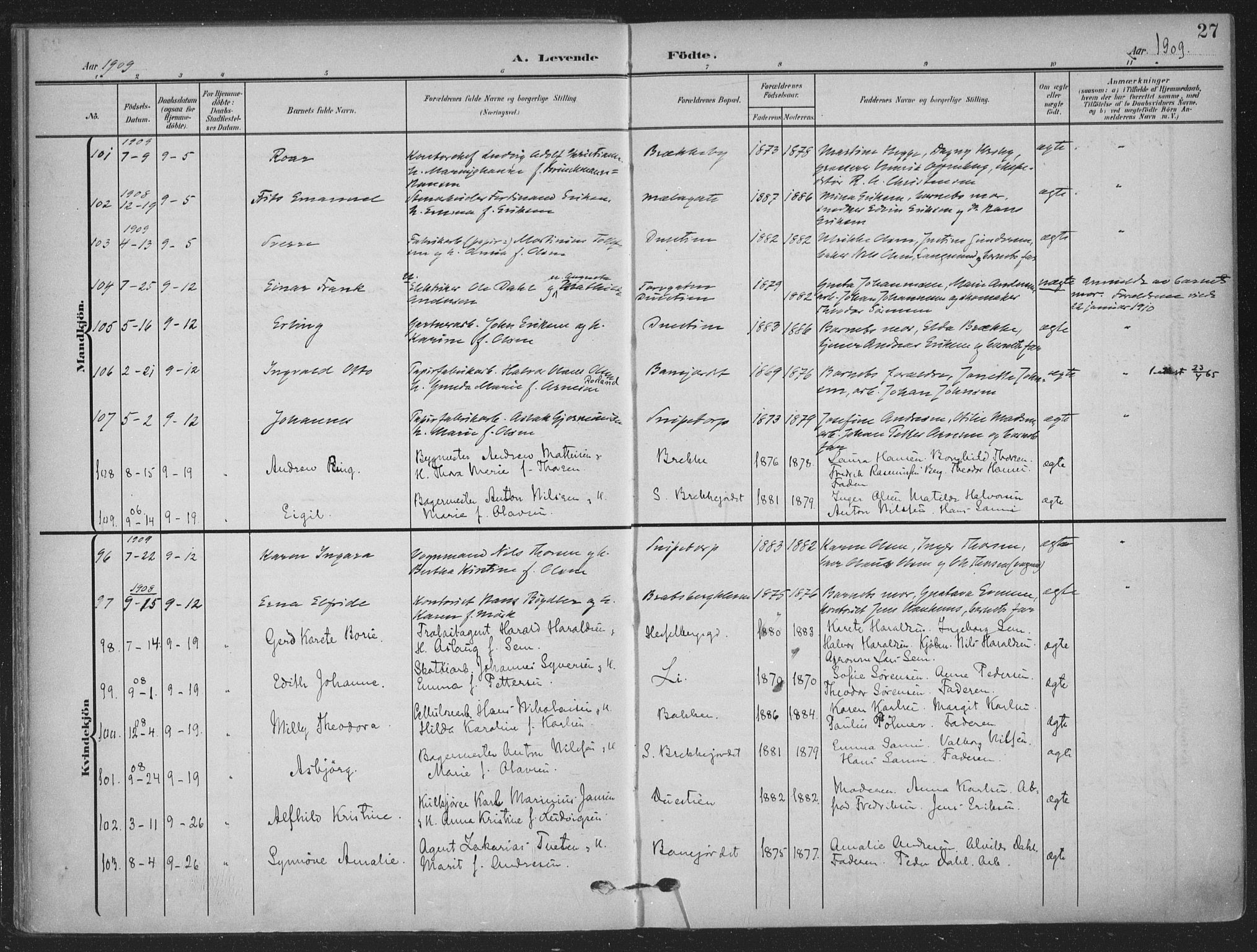 Skien kirkebøker, AV/SAKO-A-302/F/Fa/L0012: Ministerialbok nr. 12, 1908-1914, s. 27