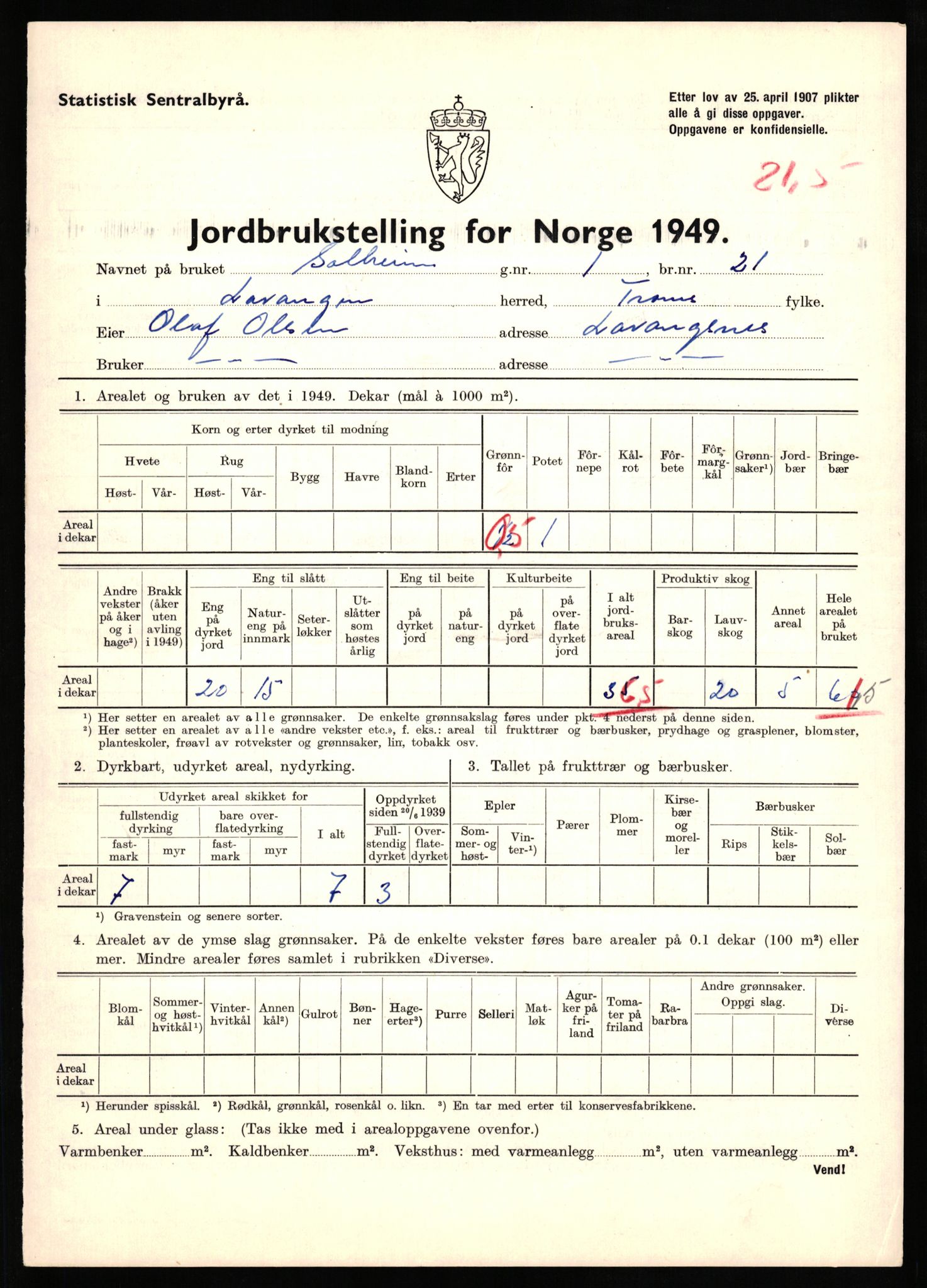 Statistisk sentralbyrå, Næringsøkonomiske emner, Jordbruk, skogbruk, jakt, fiske og fangst, AV/RA-S-2234/G/Gc/L0437: Troms: Gratangen og Lavangen, 1949, s. 512