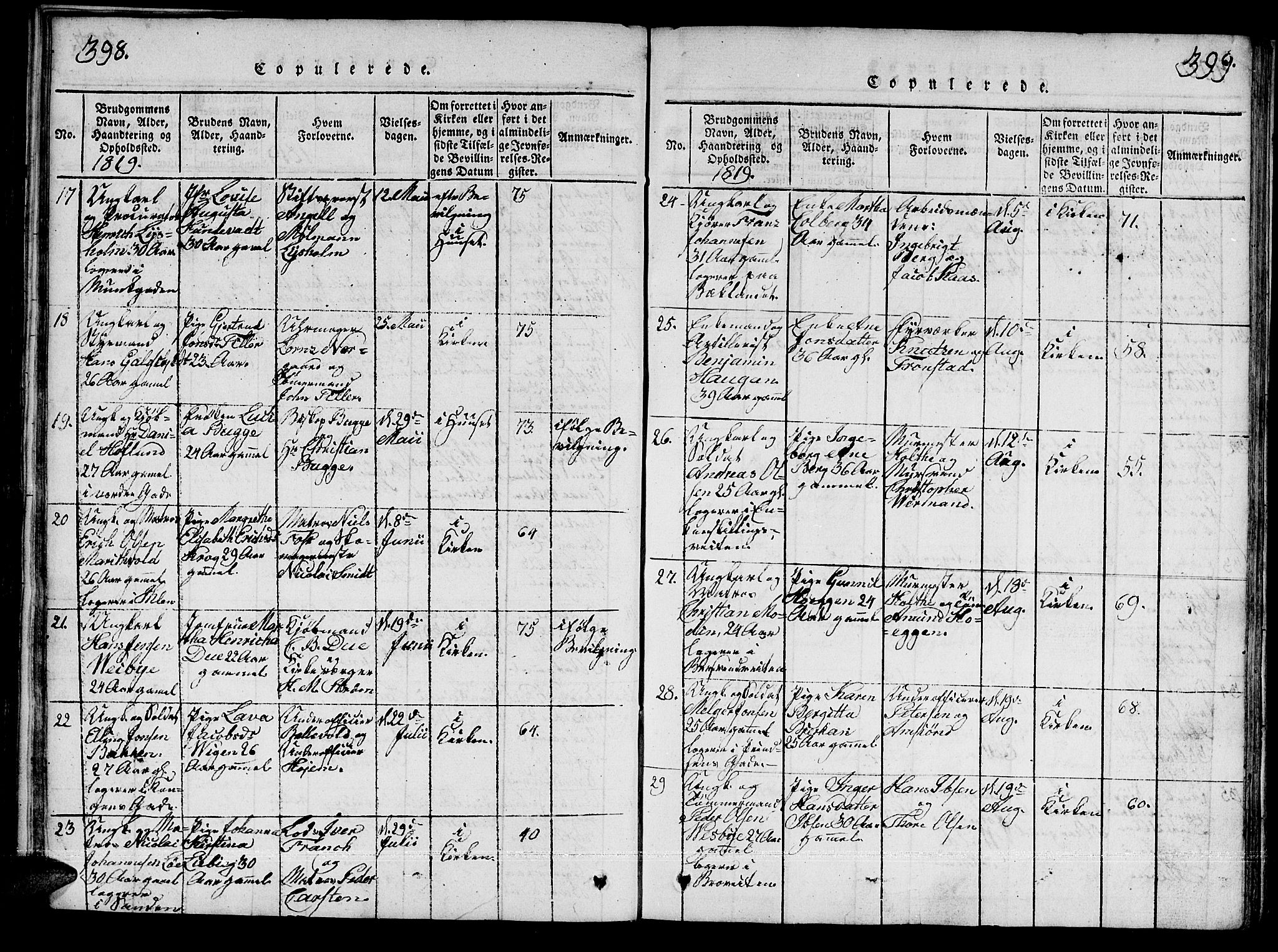 Ministerialprotokoller, klokkerbøker og fødselsregistre - Sør-Trøndelag, SAT/A-1456/601/L0043: Ministerialbok nr. 601A11, 1815-1821, s. 398-399