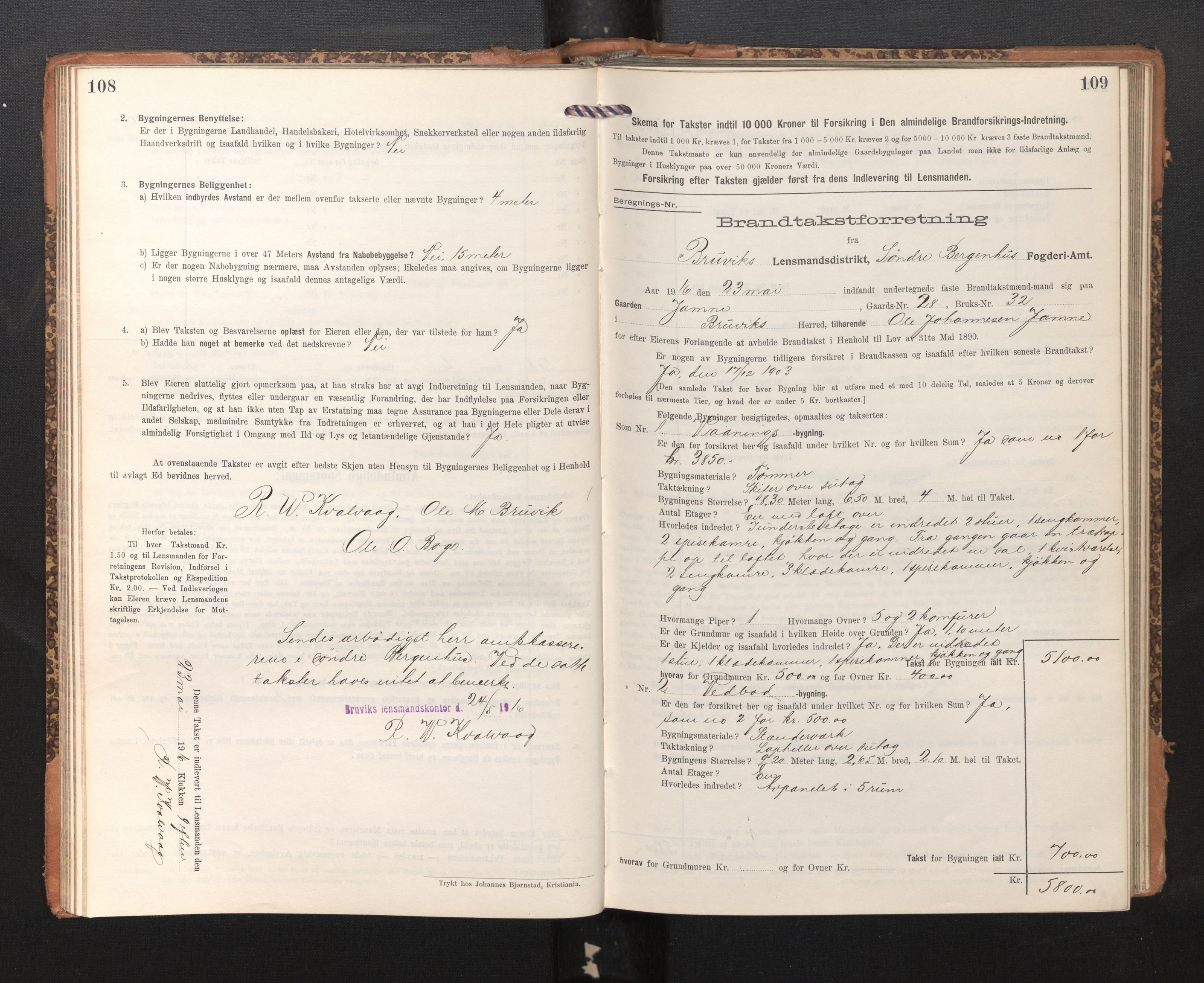Lensmannen i Bruvik, AV/SAB-A-31301/0012/L0008: Branntakstprotokoll, skjematakst, 1914-1919, s. 108-109