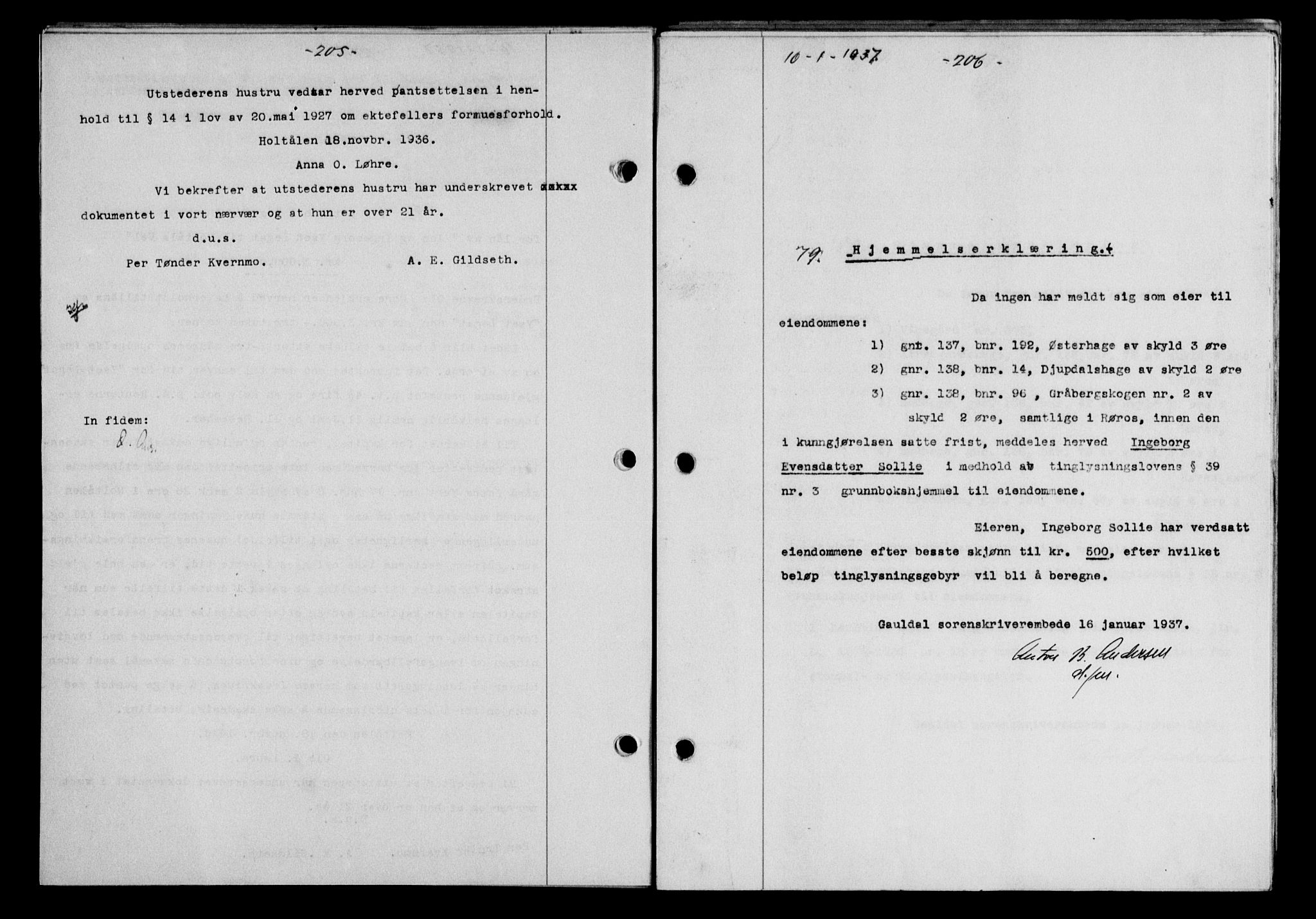 Gauldal sorenskriveri, SAT/A-0014/1/2/2C/L0046: Pantebok nr. 49-50, 1936-1937, Dagboknr: 79/1937