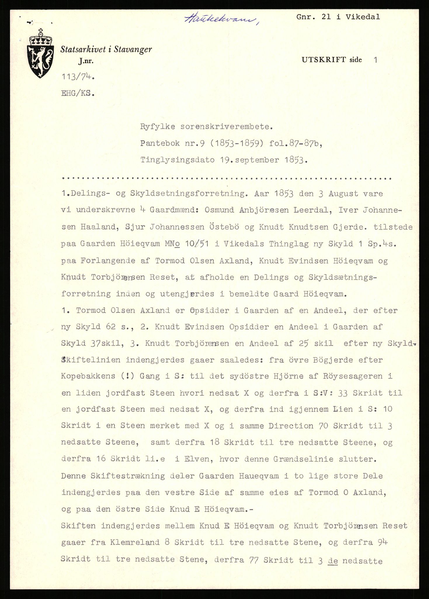 Statsarkivet i Stavanger, AV/SAST-A-101971/03/Y/Yj/L0032: Avskrifter sortert etter gårdsnavn: Hauge øvre - Hausken, 1750-1930, s. 348