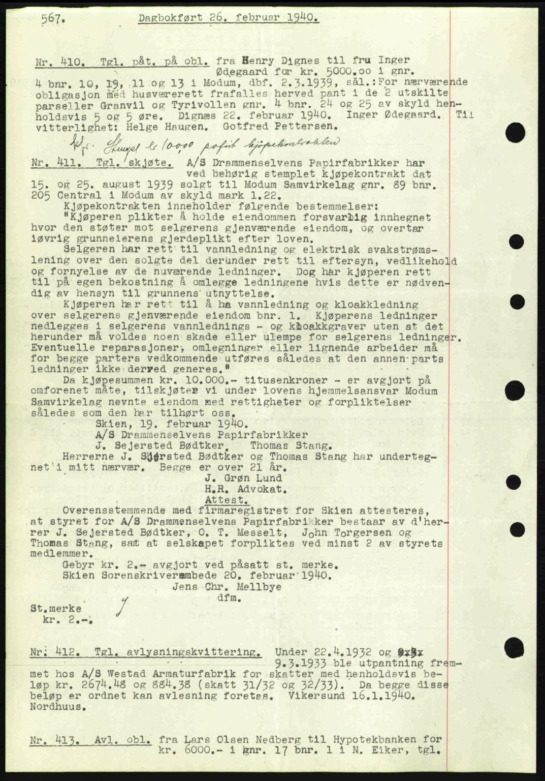 Eiker, Modum og Sigdal sorenskriveri, SAKO/A-123/G/Ga/Gab/L0041: Pantebok nr. A11, 1939-1940, Dagboknr: 410/1940