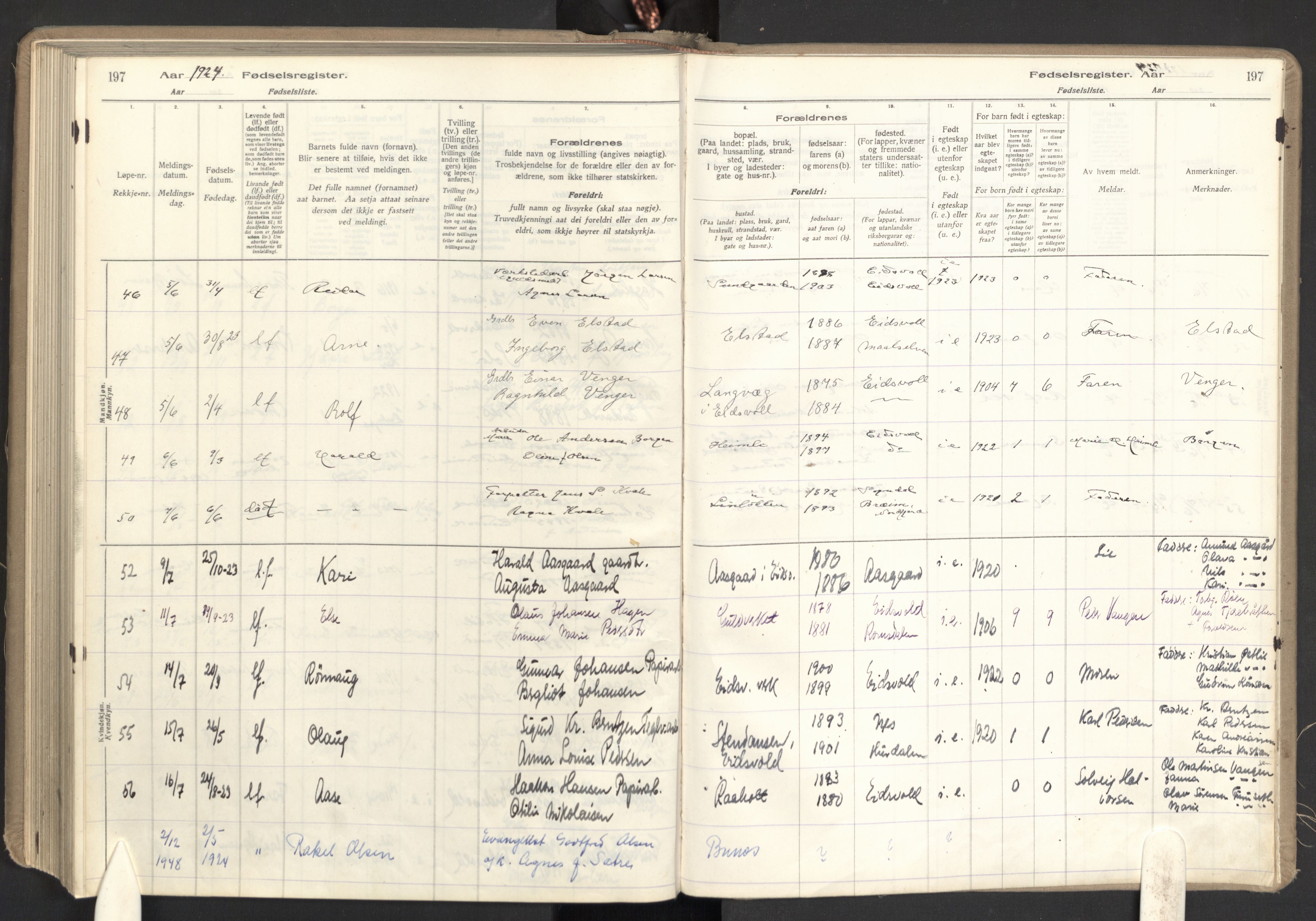 Eidsvoll prestekontor Kirkebøker, AV/SAO-A-10888/J/Ja/L0001: Fødselsregister nr. I 1, 1916-1924, s. 197