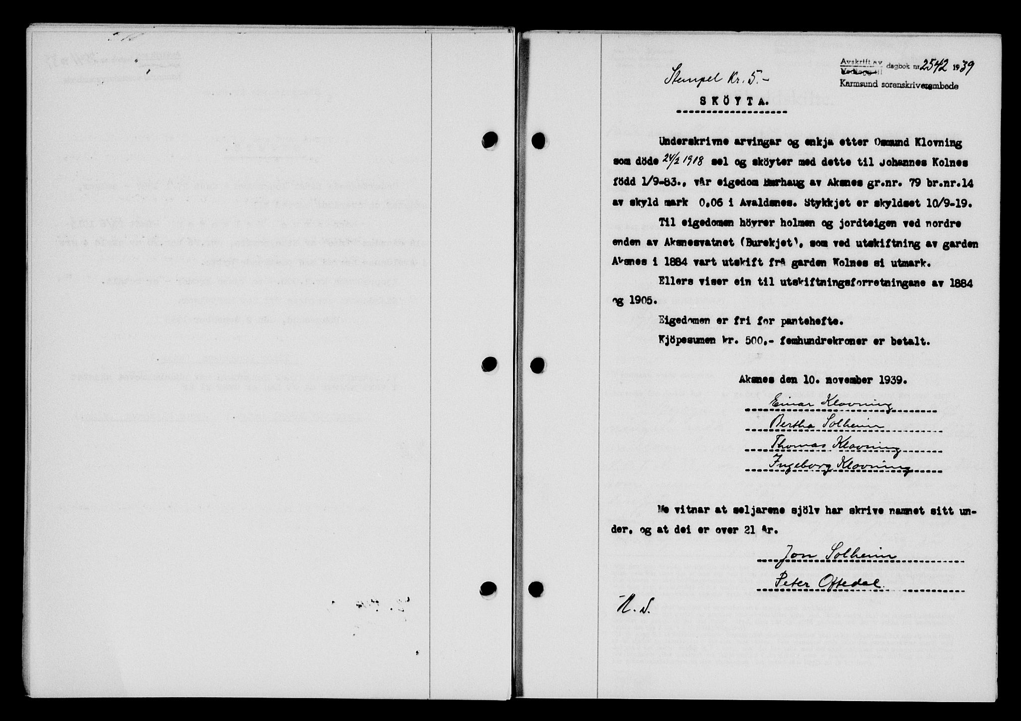 Karmsund sorenskriveri, SAST/A-100311/01/II/IIB/L0072: Pantebok nr. 53A, 1939-1940, Dagboknr: 2542/1939