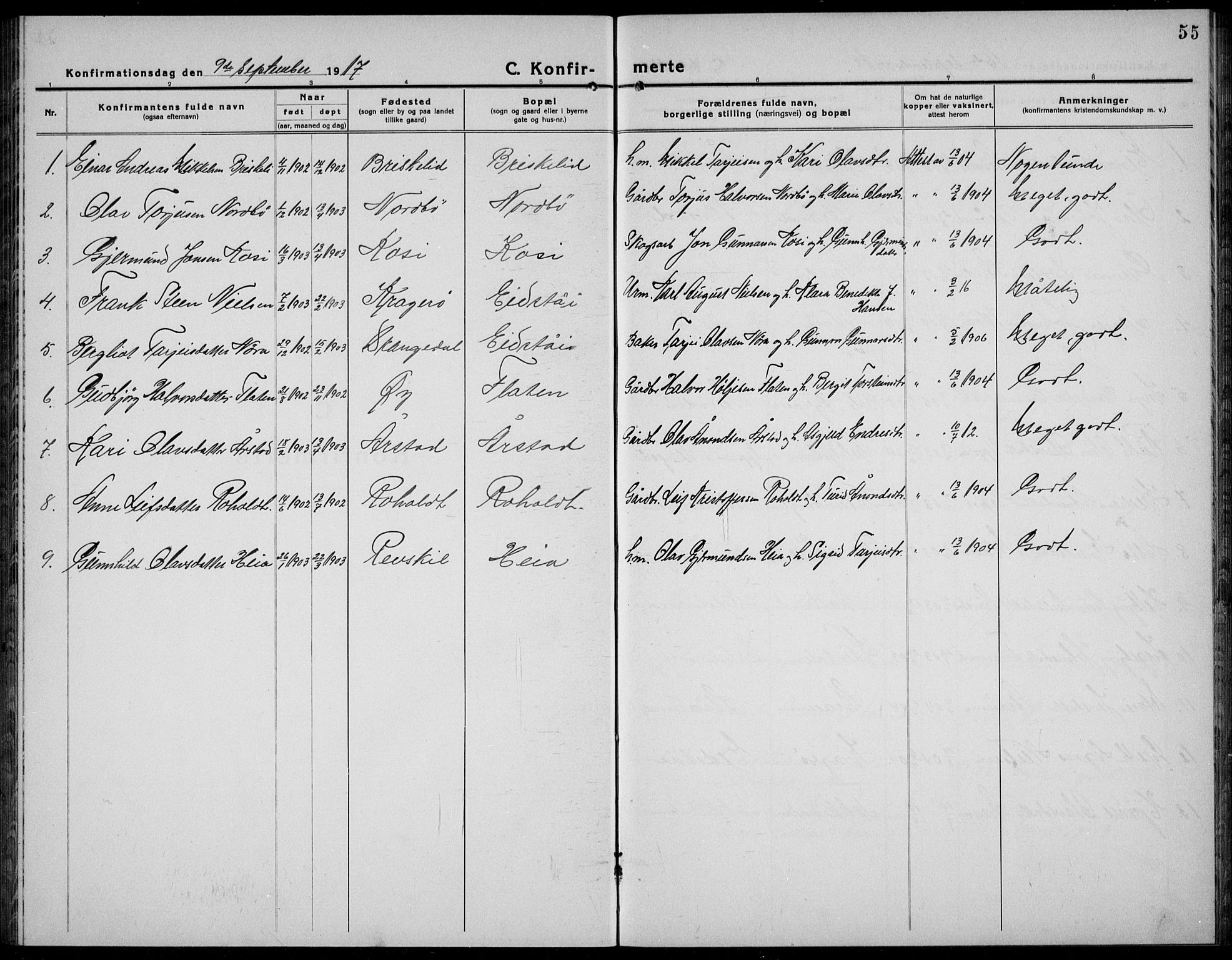 Kviteseid kirkebøker, AV/SAKO-A-276/G/Gc/L0002: Klokkerbok nr. III 2, 1917-1937, s. 55