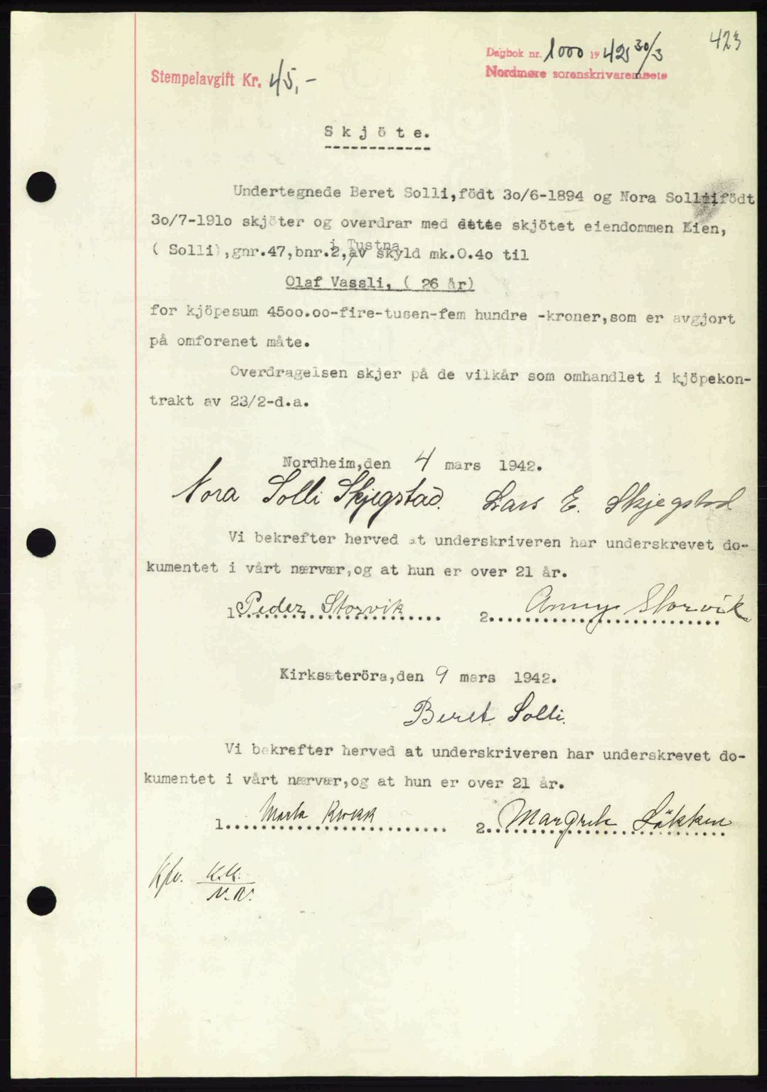 Nordmøre sorenskriveri, SAT/A-4132/1/2/2Ca: Pantebok nr. A92, 1942-1942, Dagboknr: 1000/1942
