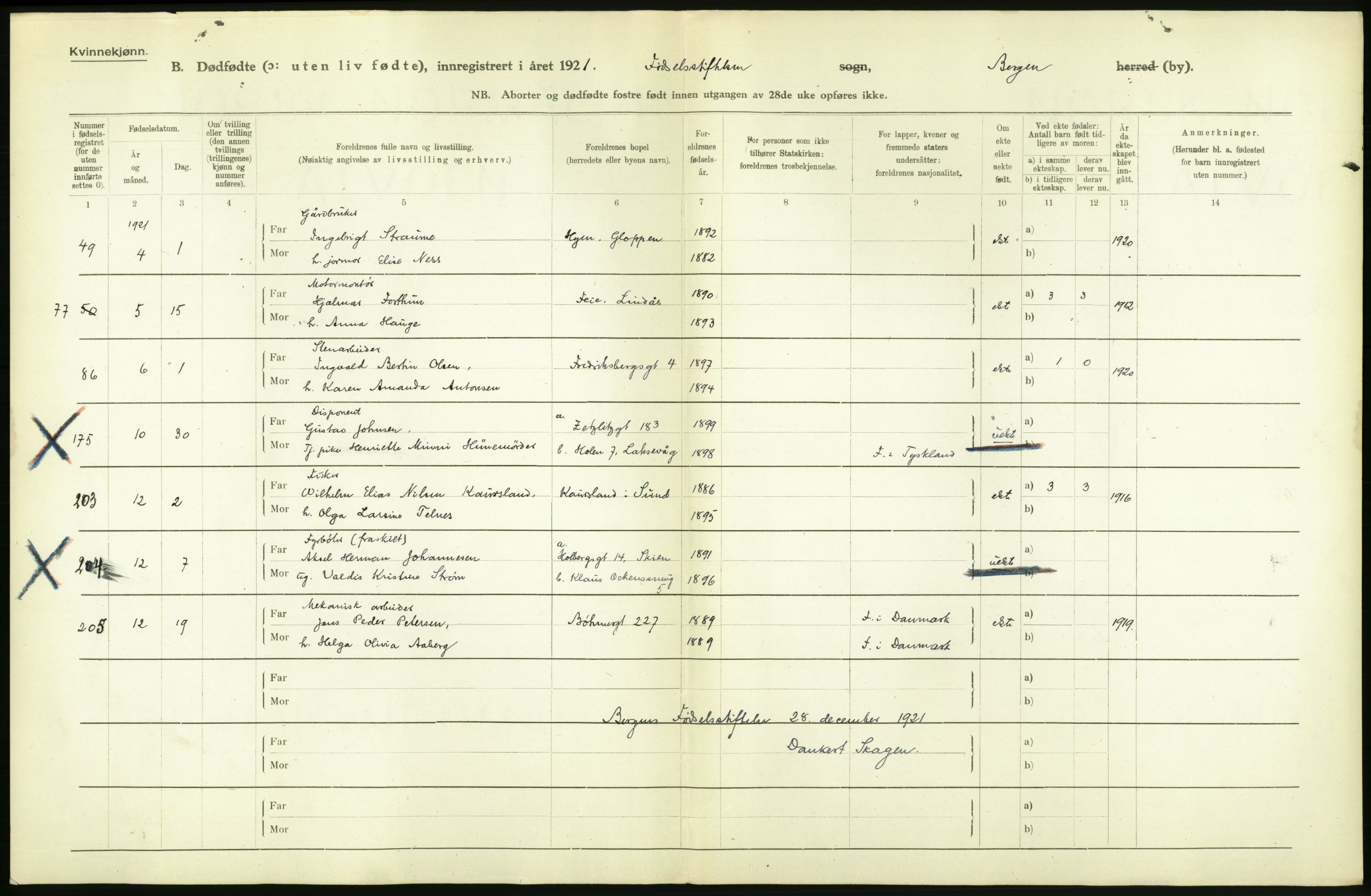 Statistisk sentralbyrå, Sosiodemografiske emner, Befolkning, AV/RA-S-2228/D/Df/Dfc/Dfca/L0035: Bergen: Gifte, dødfødte., 1921, s. 312