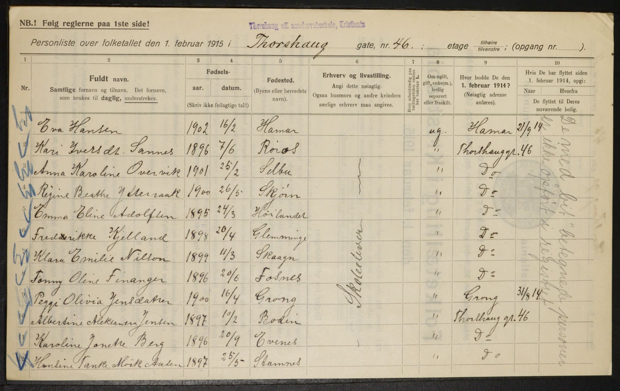 OBA, Kommunal folketelling 1.2.1915 for Kristiania, 1915, s. 115311