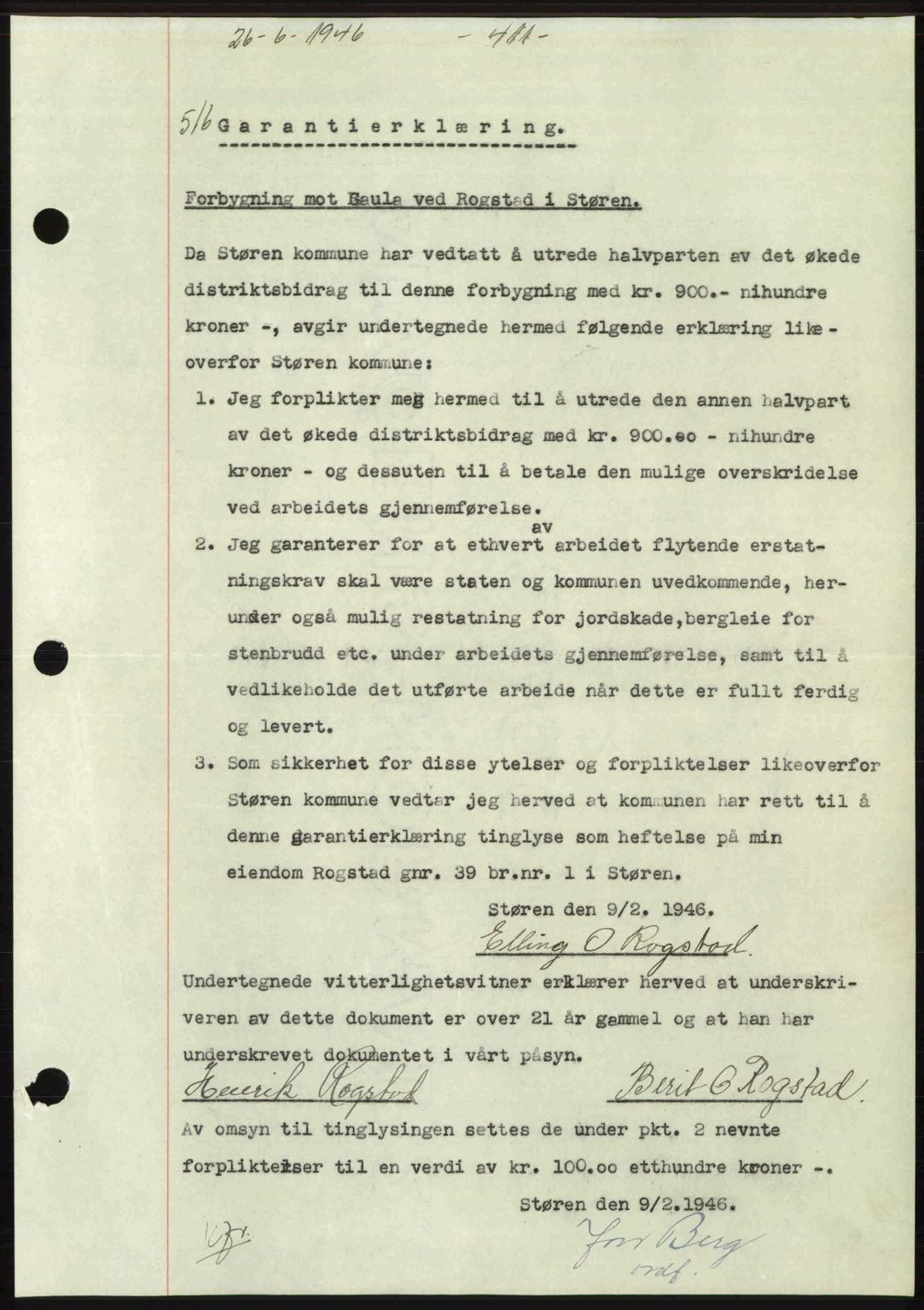 Gauldal sorenskriveri, SAT/A-0014/1/2/2C: Pantebok nr. A2, 1946-1946, Dagboknr: 516/1946