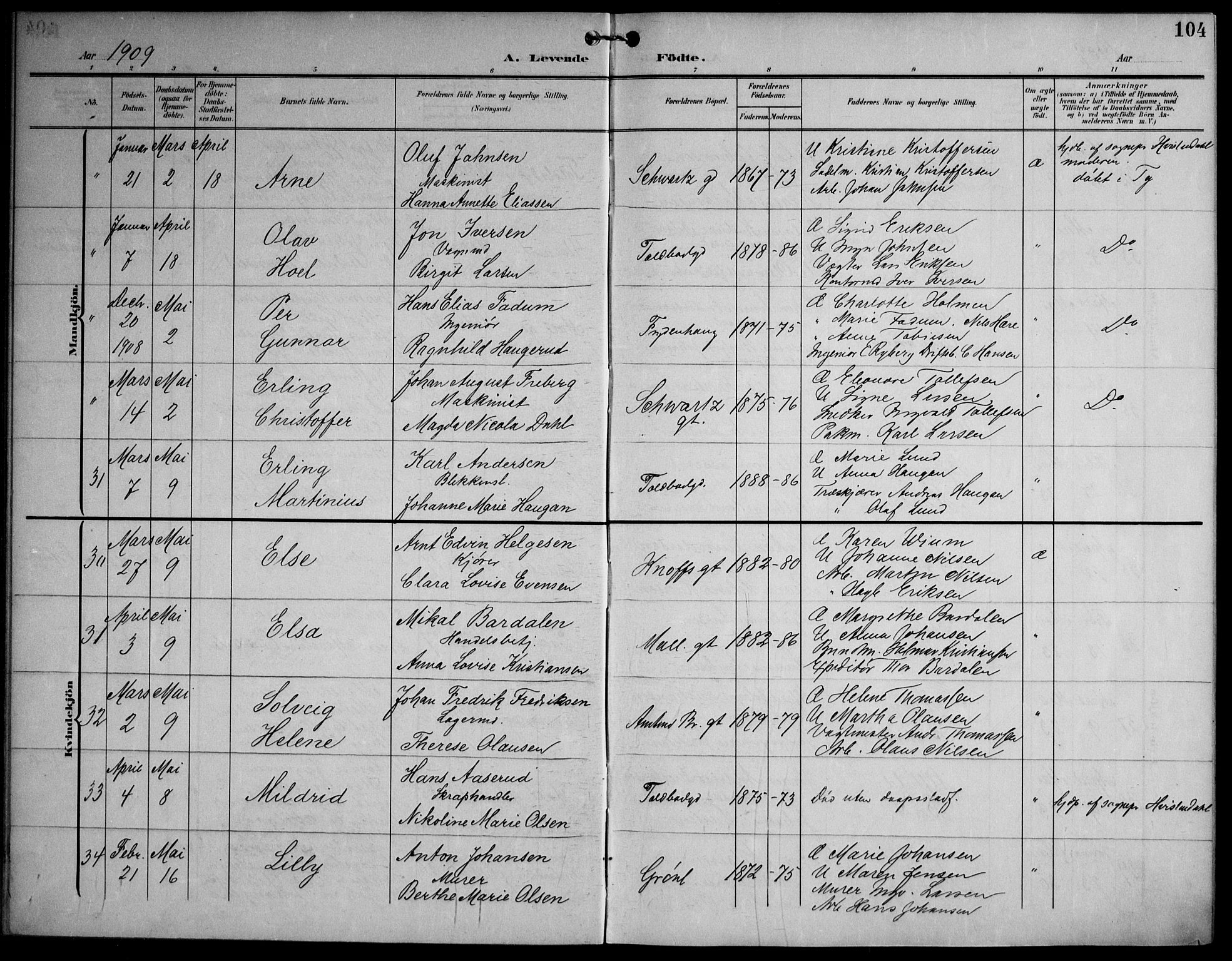 Strømsø kirkebøker, AV/SAKO-A-246/F/Fa/L0026: Ministerialbok nr. I 26, 1905-1914, s. 104