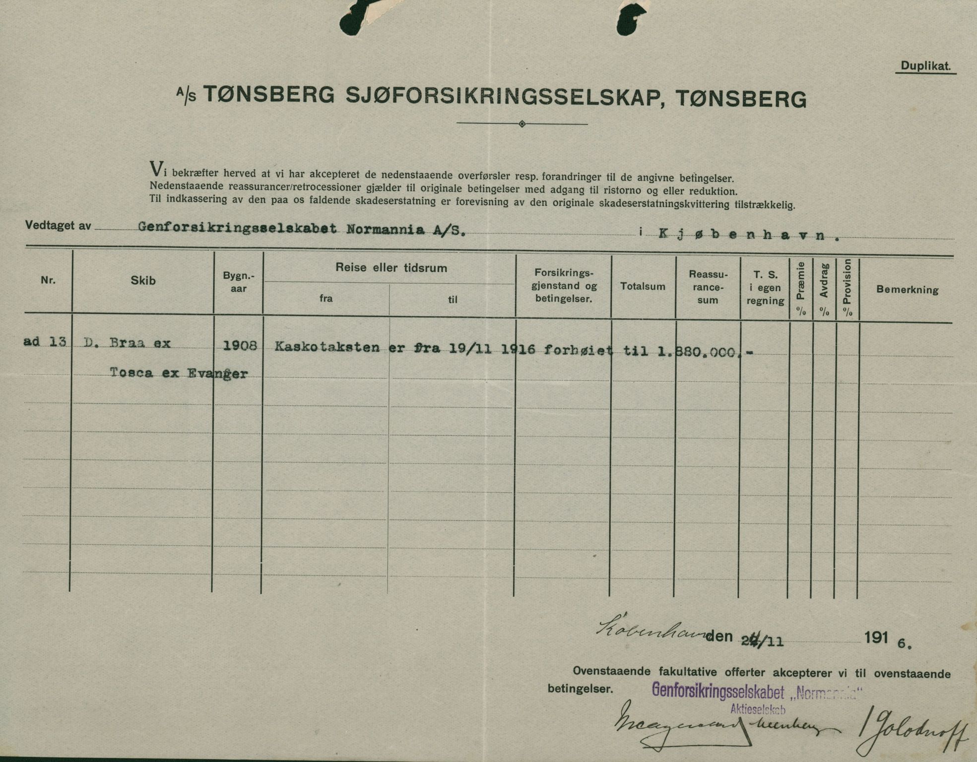 Pa 664 - Tønsberg Sjøforsikringsselskap, VEMU/A-1773/F/L0001: Forsikringspoliser, 1915-1918