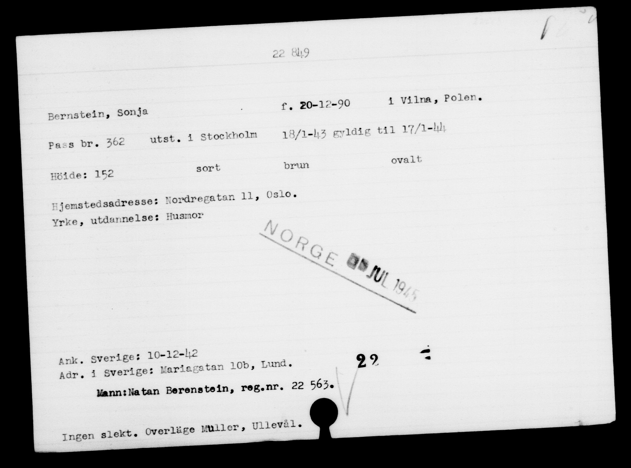Utenriksstasjonene, Legasjonen i Stockholm, Flyktningkontoret, AV/RA-S-6753/V/Va/L0010: Kjesäterkartoteket, flyktninger med registreringsnr. 22000-25314, 1940-1945, s. 926