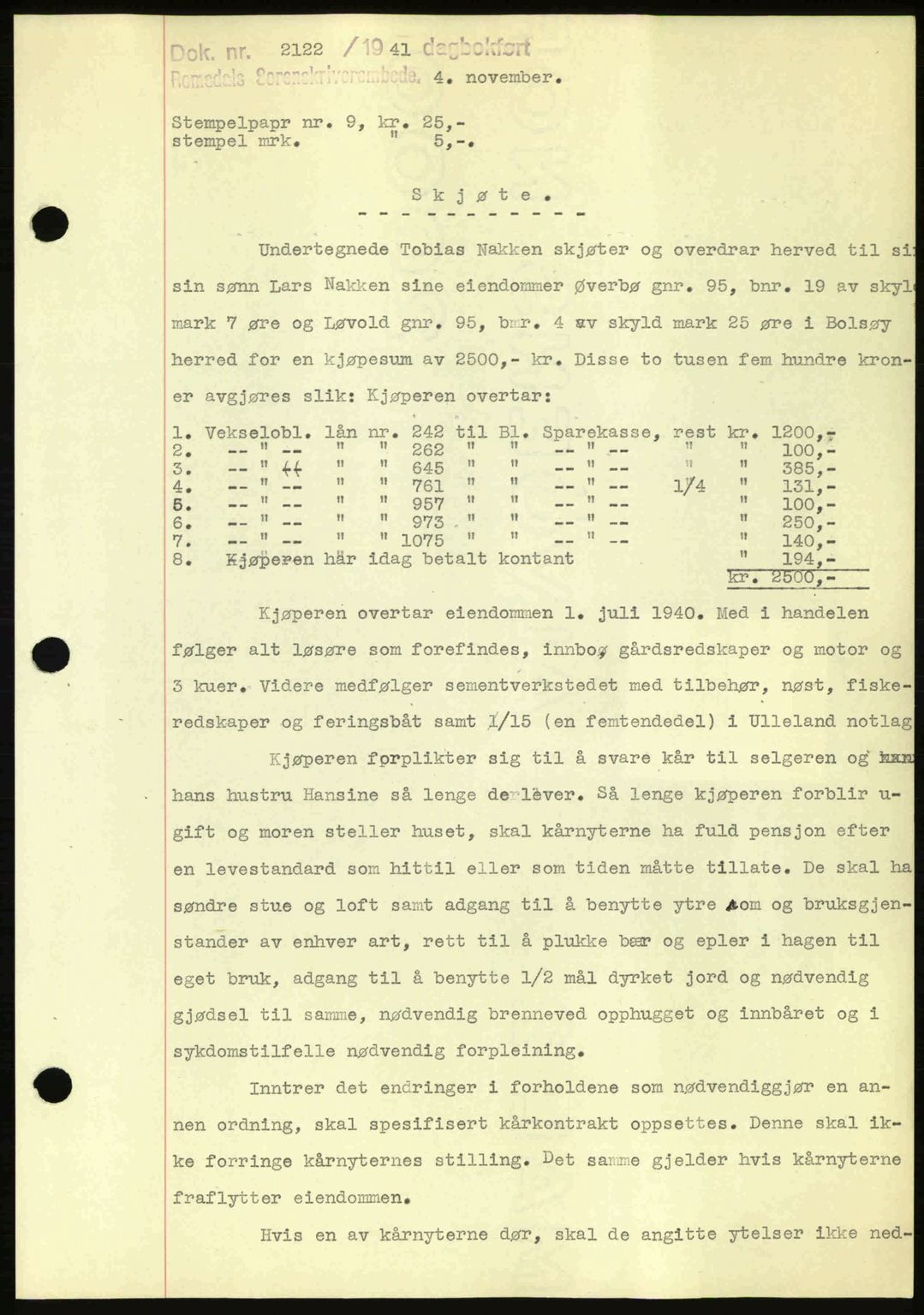 Romsdal sorenskriveri, AV/SAT-A-4149/1/2/2C: Pantebok nr. A11, 1941-1942, Dagboknr: 2122/1941