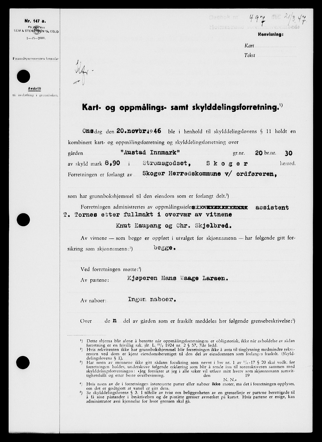 Holmestrand sorenskriveri, SAKO/A-67/G/Ga/Gaa/L0061: Pantebok nr. A-61, 1946-1947, Dagboknr: 497/1947
