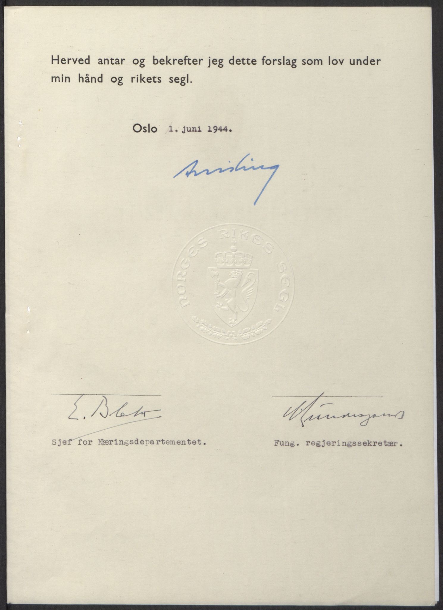 NS-administrasjonen 1940-1945 (Statsrådsekretariatet, de kommisariske statsråder mm), RA/S-4279/D/Db/L0100: Lover, 1944, s. 259