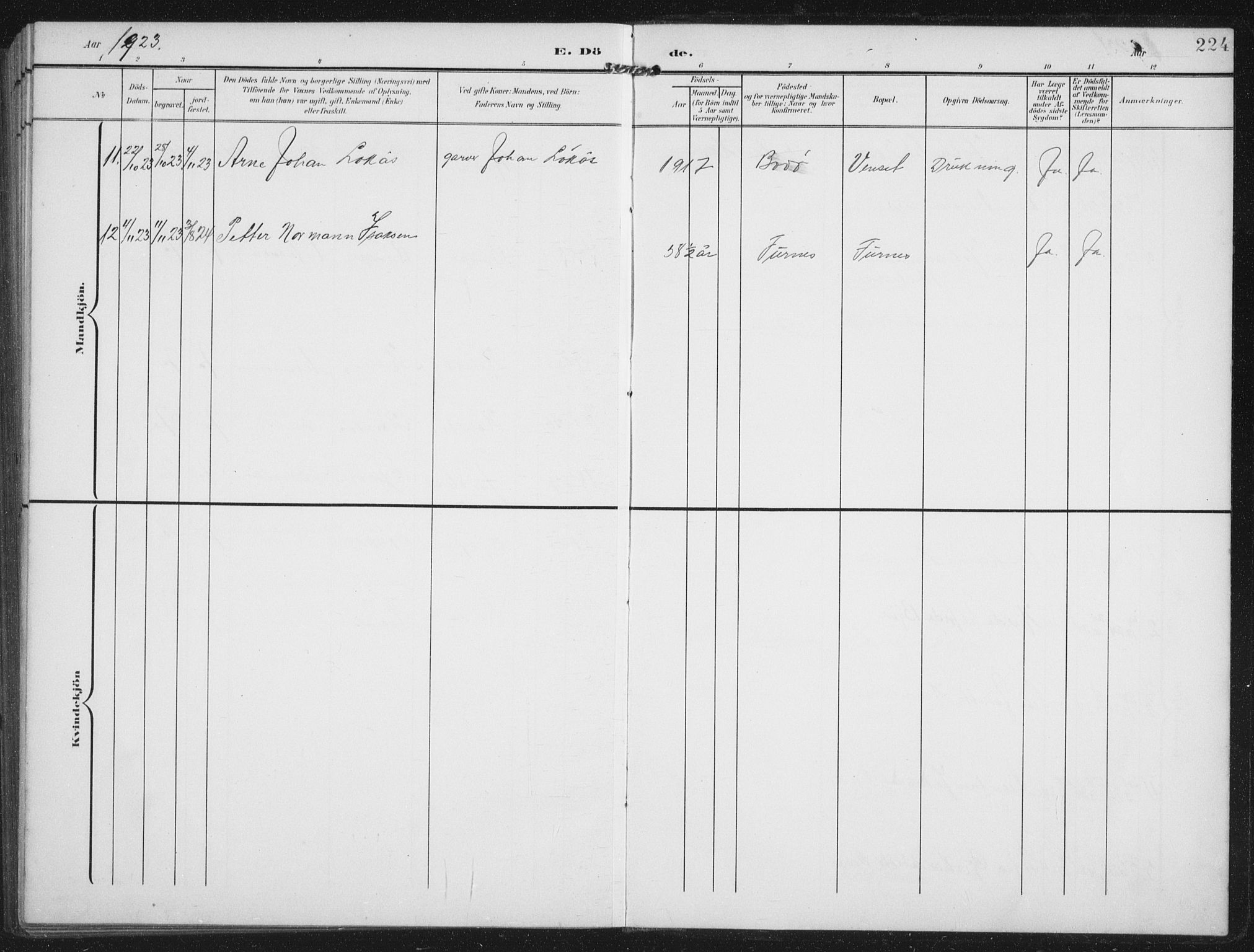 Ministerialprotokoller, klokkerbøker og fødselsregistre - Nordland, AV/SAT-A-1459/851/L0726: Klokkerbok nr. 851C01, 1902-1924, s. 224