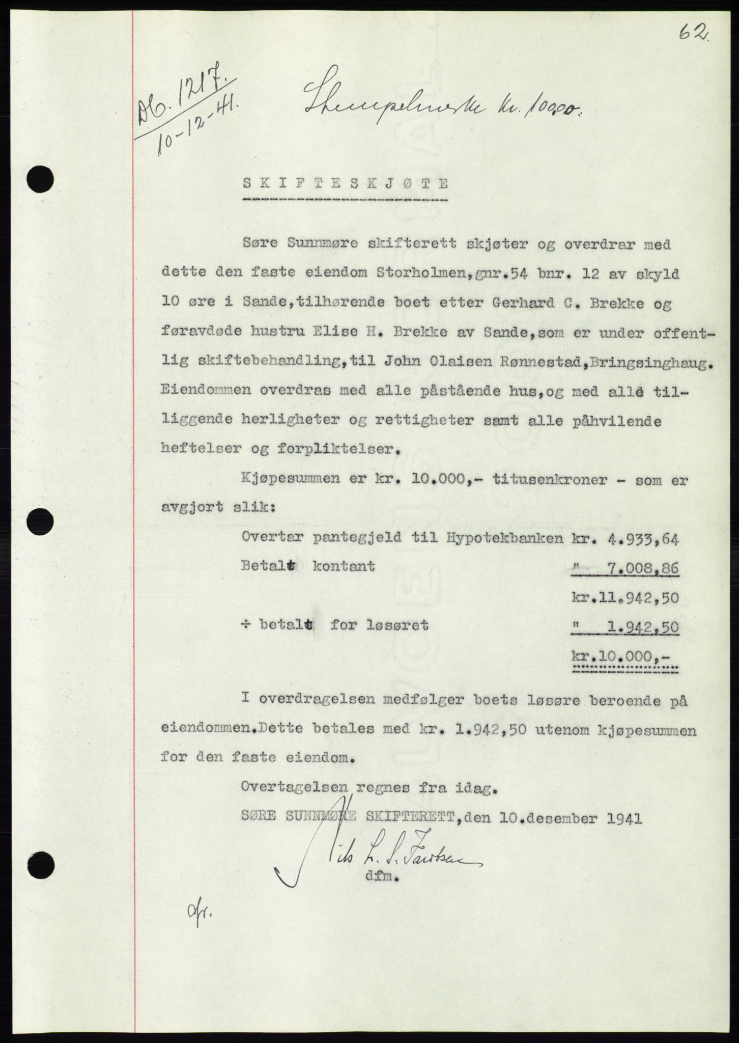Søre Sunnmøre sorenskriveri, SAT/A-4122/1/2/2C/L0073: Pantebok nr. 67, 1941-1942, Dagboknr: 1217/1941