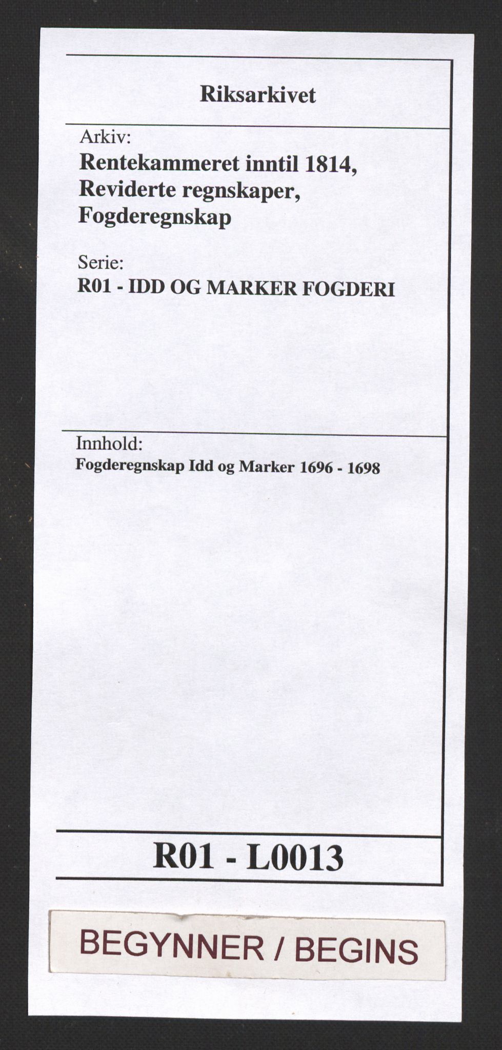 Rentekammeret inntil 1814, Reviderte regnskaper, Fogderegnskap, AV/RA-EA-4092/R01/L0013: Fogderegnskap Idd og Marker, 1696-1698, s. 1