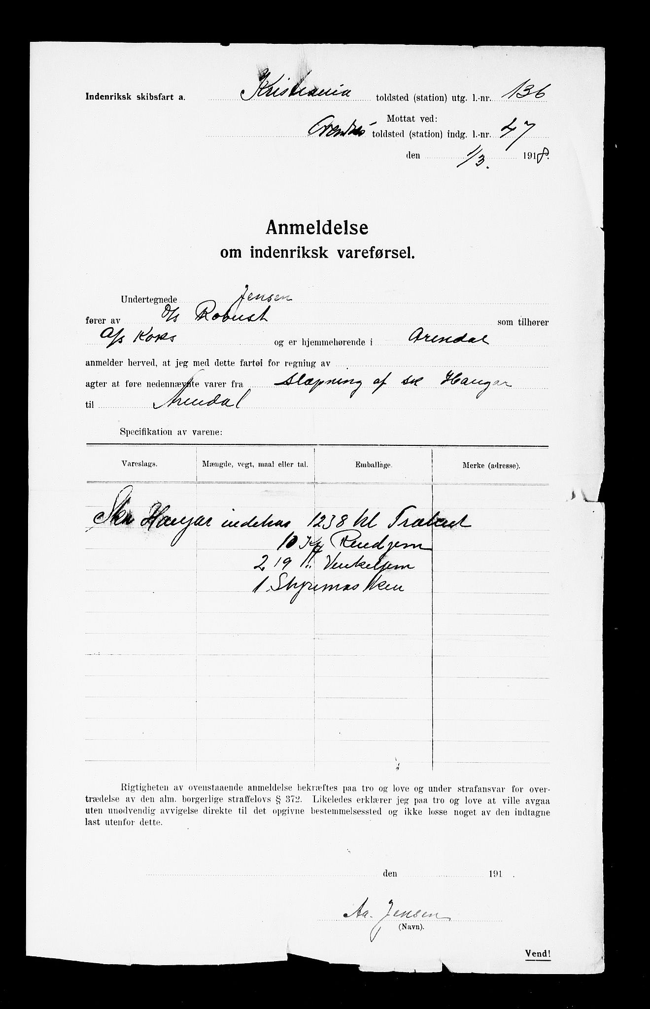 Arendal tollsted, AV/SAK-1351-0003/H/Ha/L0896: Legitimasjonsbevis for fartøyer i innenriksfart, 1886-1948, s. 4
