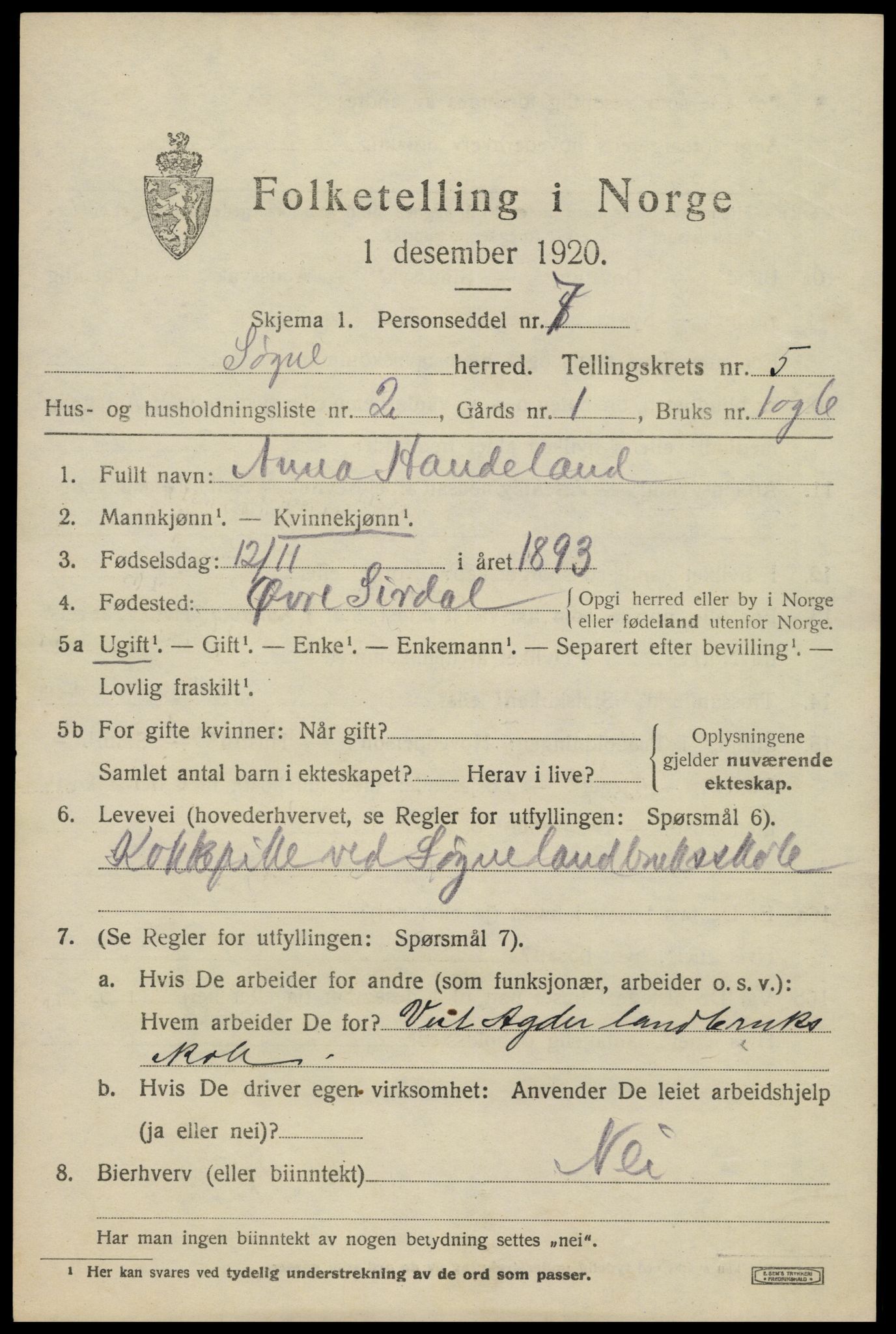 SAK, Folketelling 1920 for 1018 Søgne herred, 1920, s. 2193