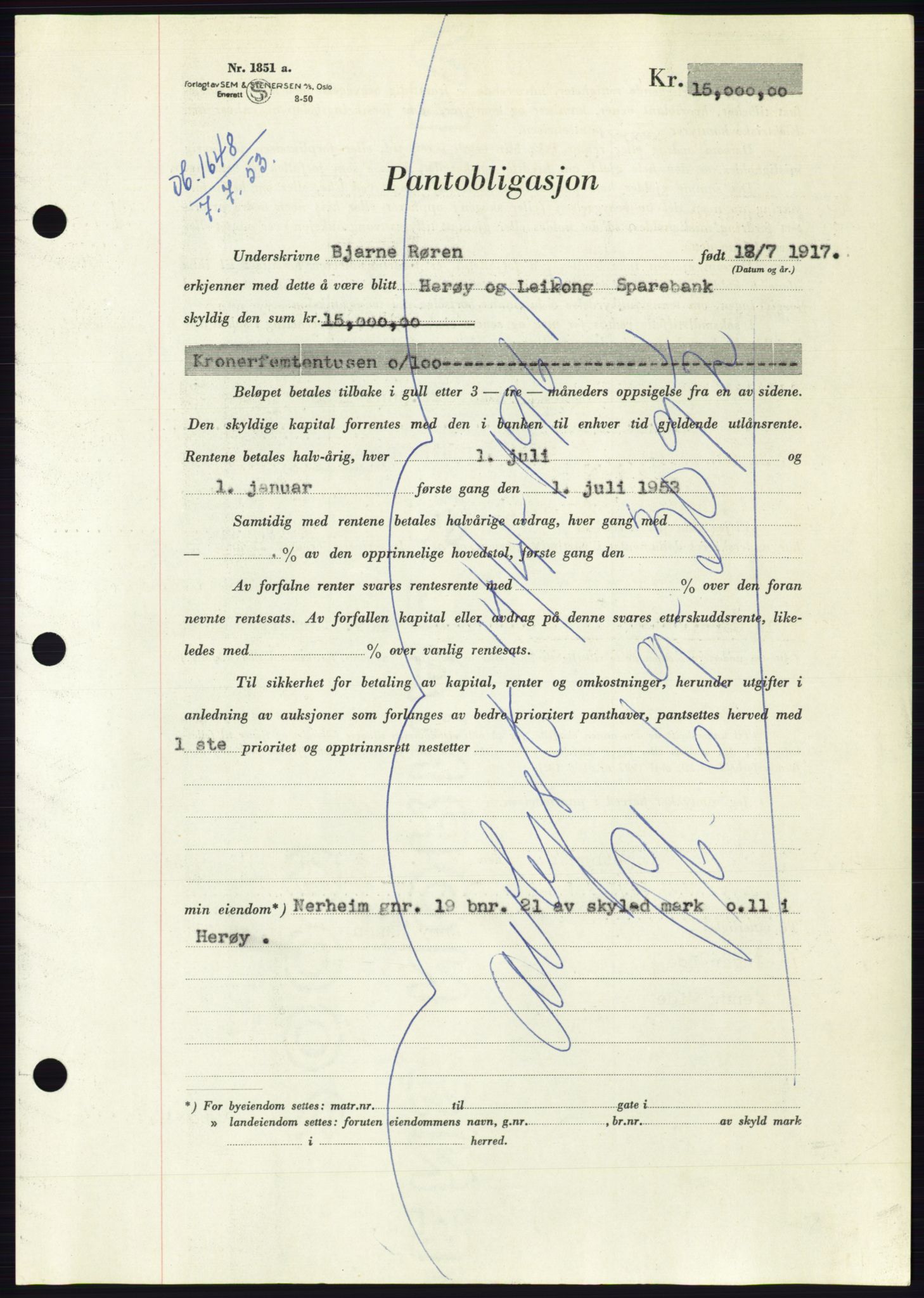 Søre Sunnmøre sorenskriveri, SAT/A-4122/1/2/2C/L0123: Pantebok nr. 11B, 1953-1953, Dagboknr: 1648/1953