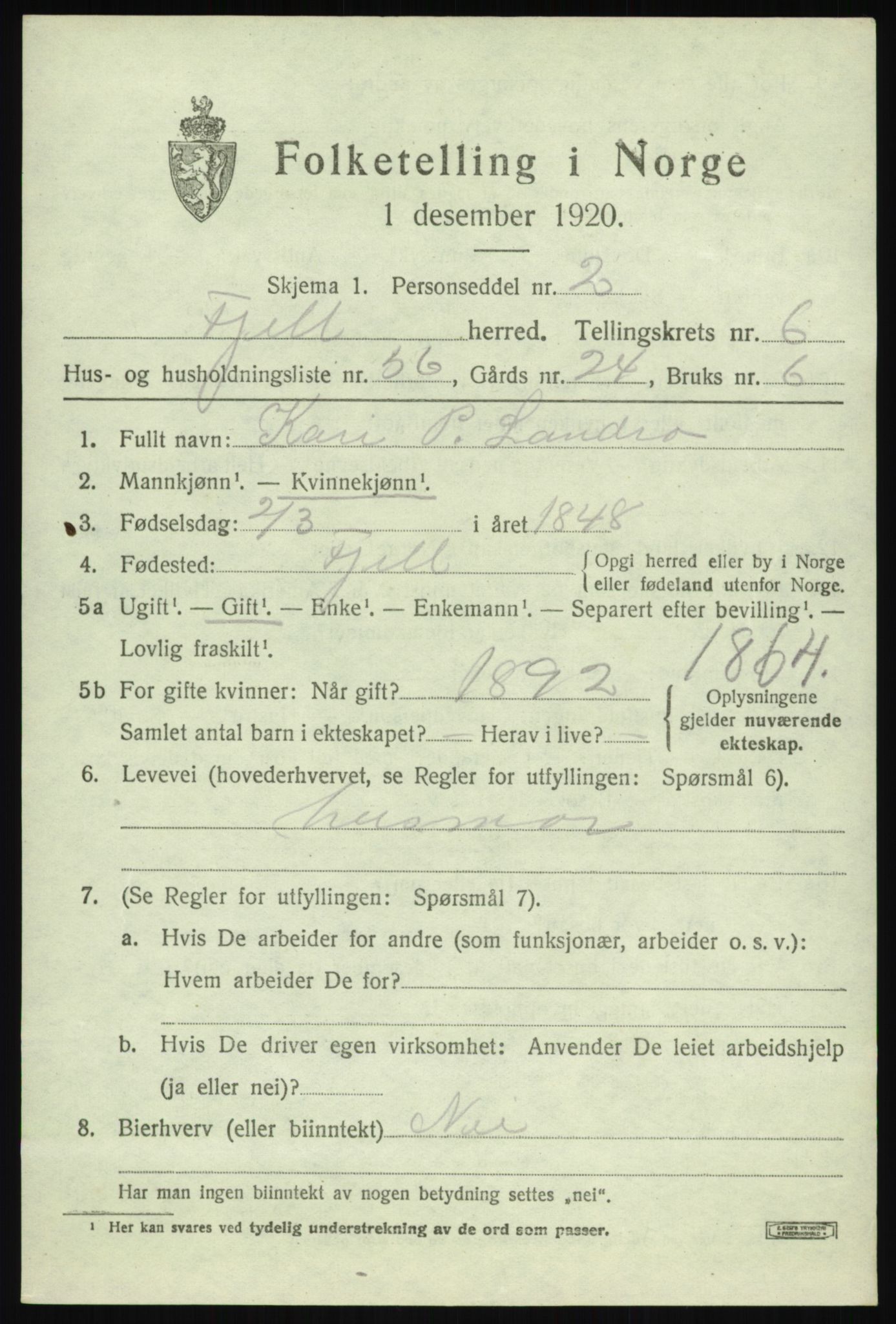 SAB, Folketelling 1920 for 1246 Fjell herred, 1920, s. 5956