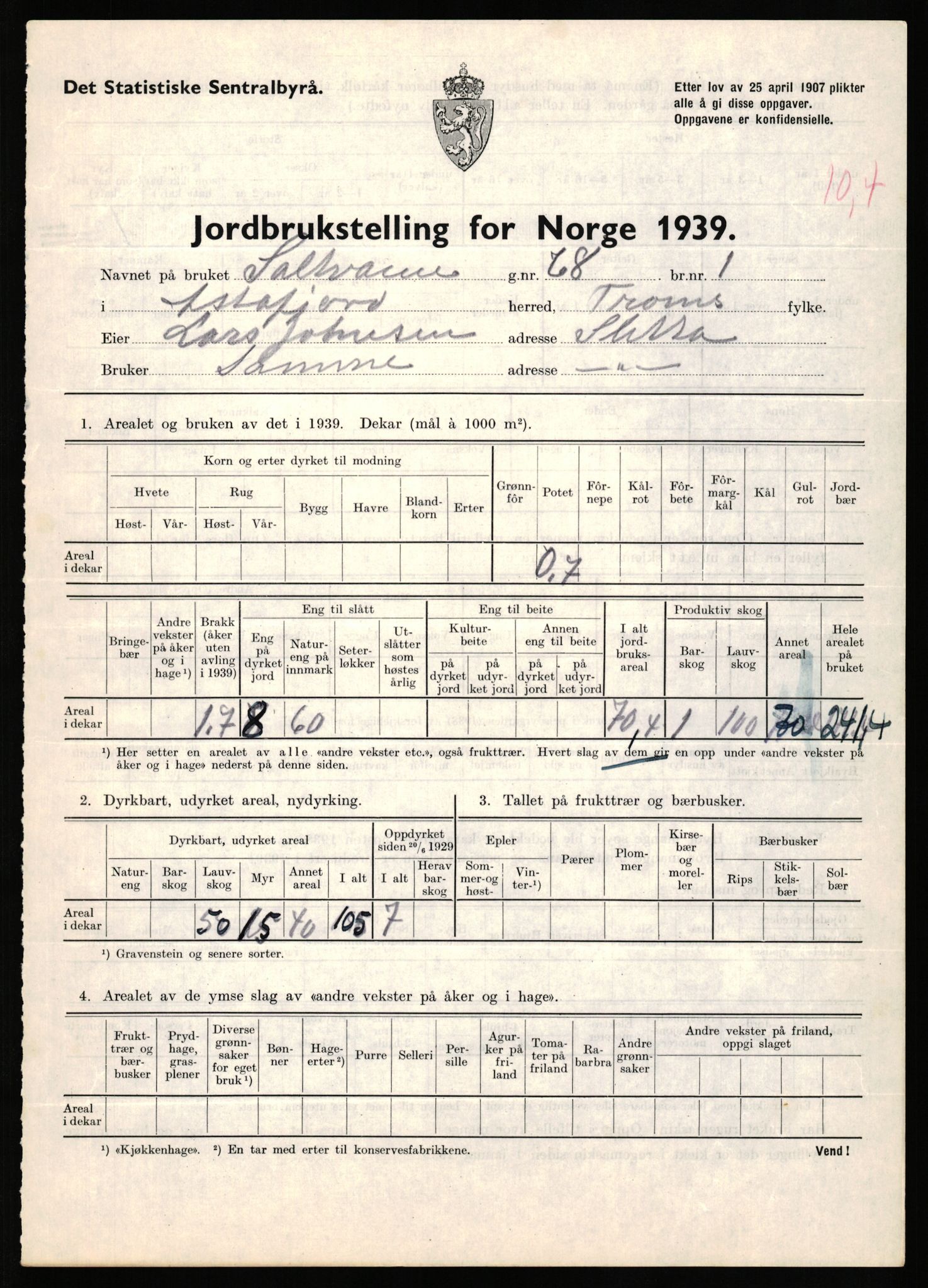 Statistisk sentralbyrå, Næringsøkonomiske emner, Jordbruk, skogbruk, jakt, fiske og fangst, AV/RA-S-2234/G/Gb/L0339: Troms: Andørja, Astafjord og Lavangen, 1939, s. 361