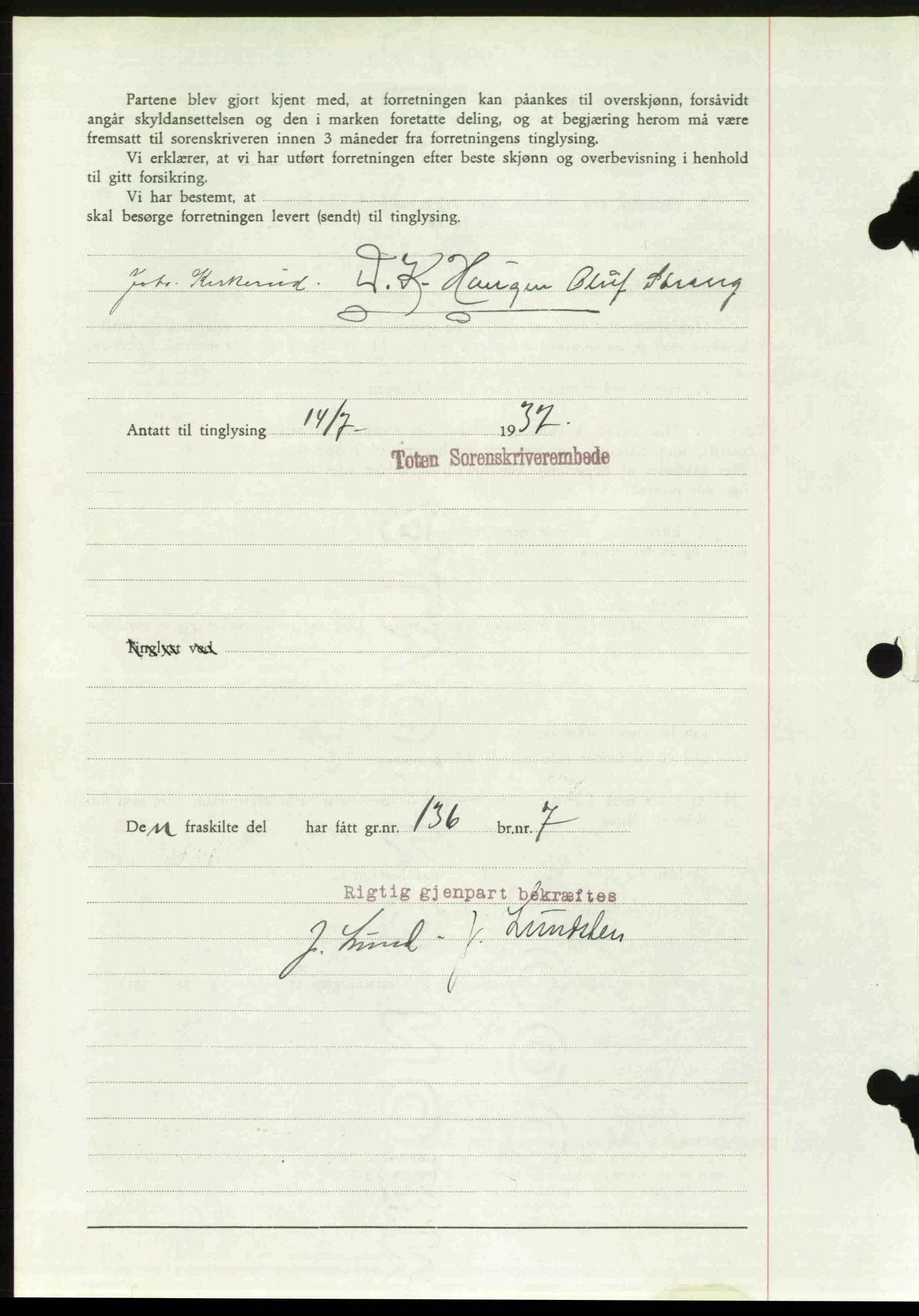 Toten tingrett, SAH/TING-006/H/Hb/Hbc/L0003: Pantebok nr. Hbc-03, 1937-1938, Dagboknr: 1716/1937