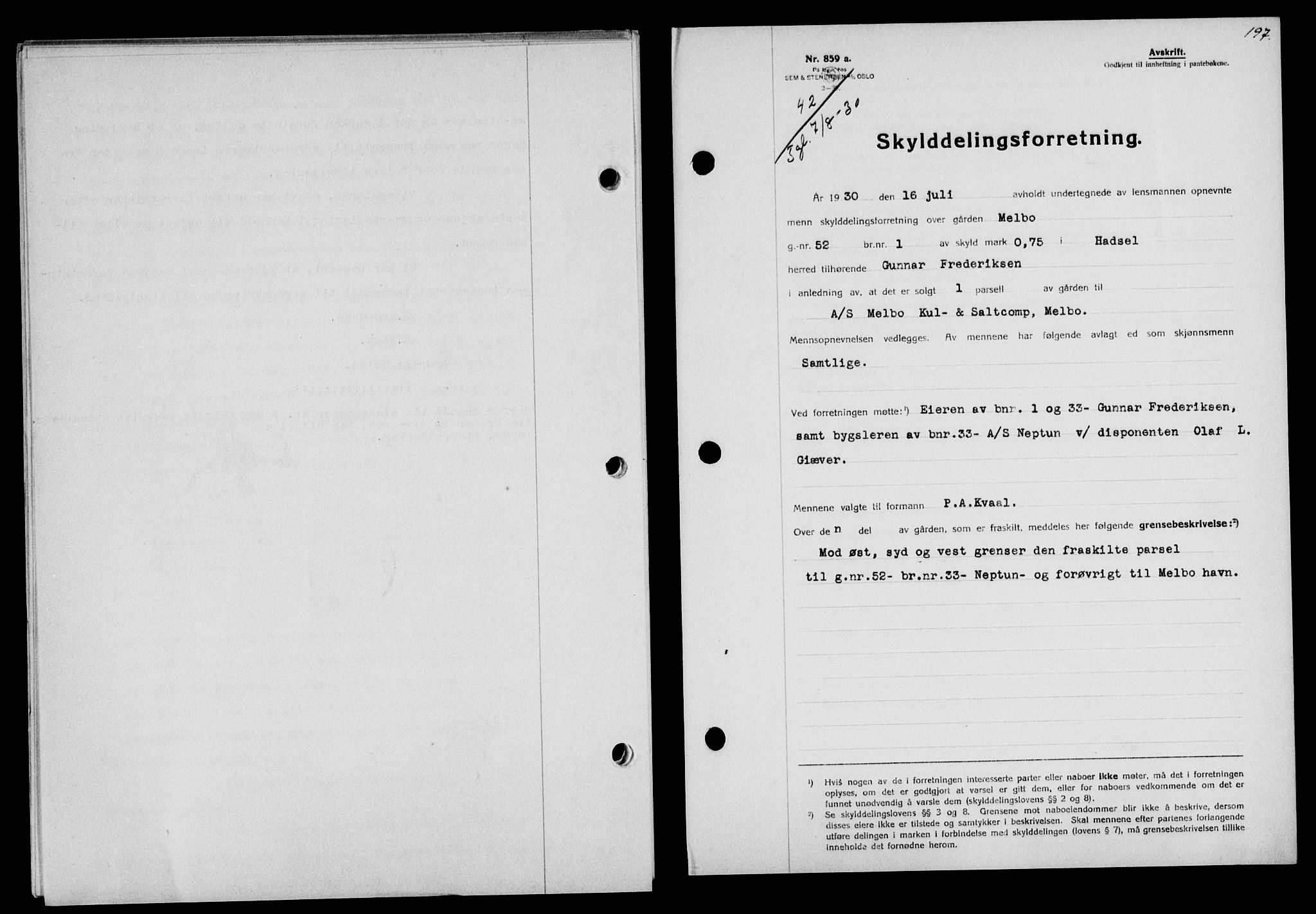 Vesterålen sorenskriveri, SAT/A-4180/1/2/2Ca/L0051: Pantebok nr. 44, 1930-1930, Tingl.dato: 07.08.1930