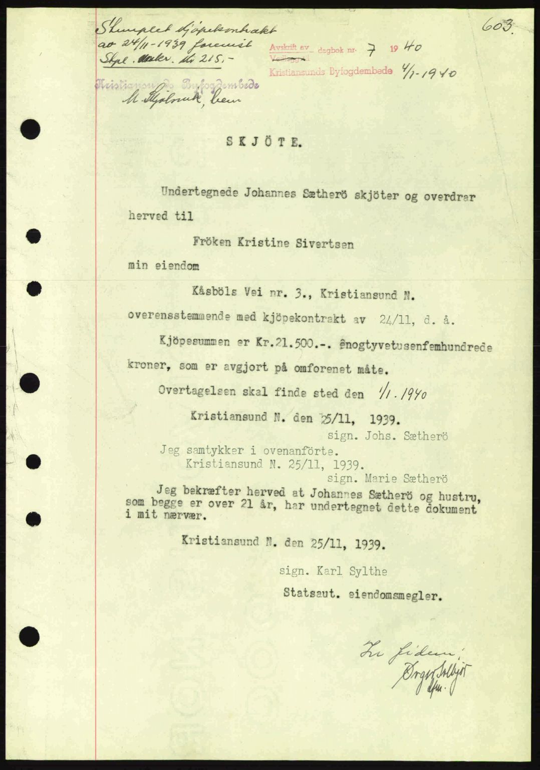Kristiansund byfogd, AV/SAT-A-4587/A/27: Pantebok nr. 30, 1936-1941, Dagboknr: 7/1940
