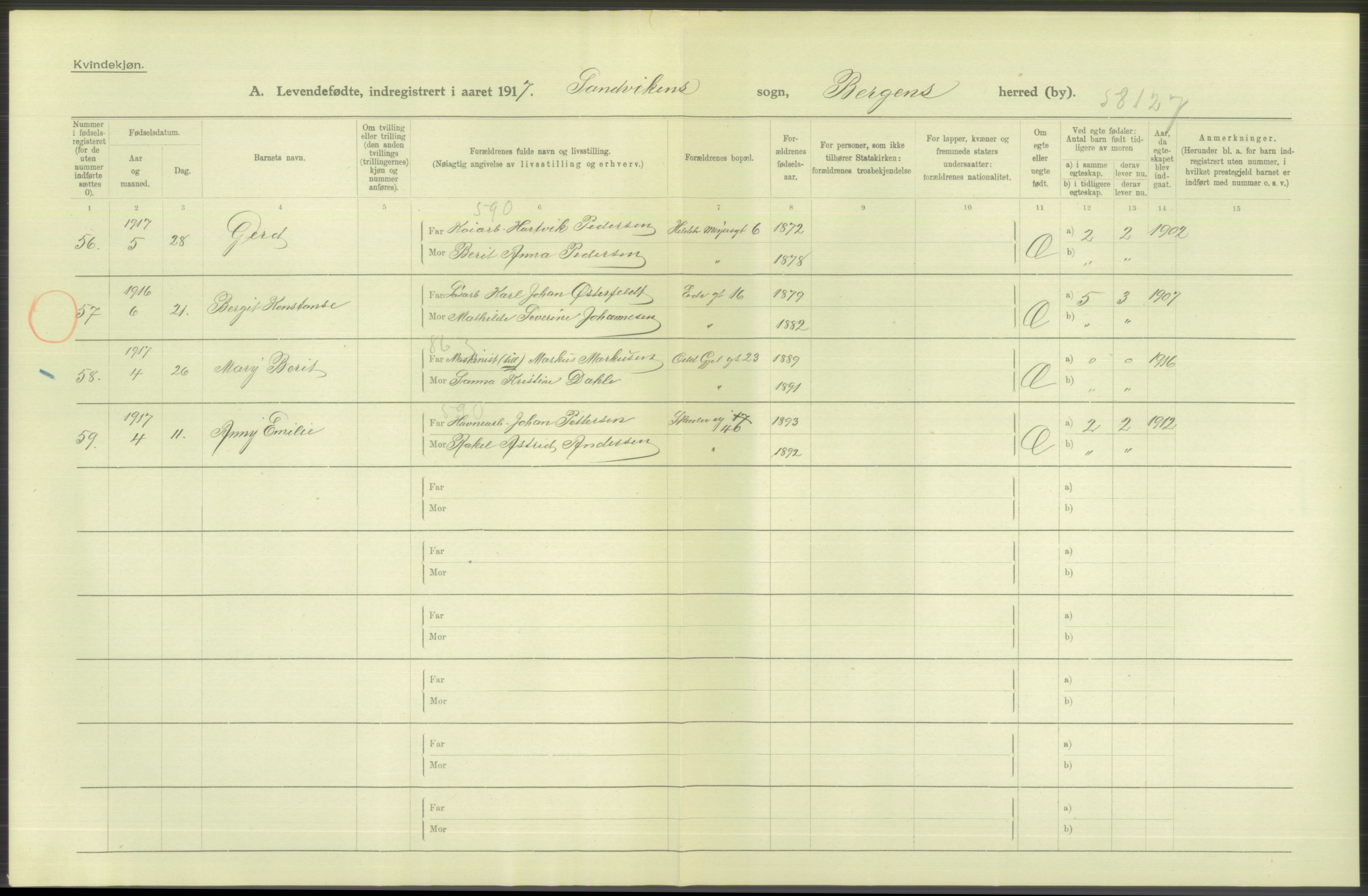 Statistisk sentralbyrå, Sosiodemografiske emner, Befolkning, AV/RA-S-2228/D/Df/Dfb/Dfbg/L0037: Bergen: Levendefødte menn og kvinner., 1917, s. 258