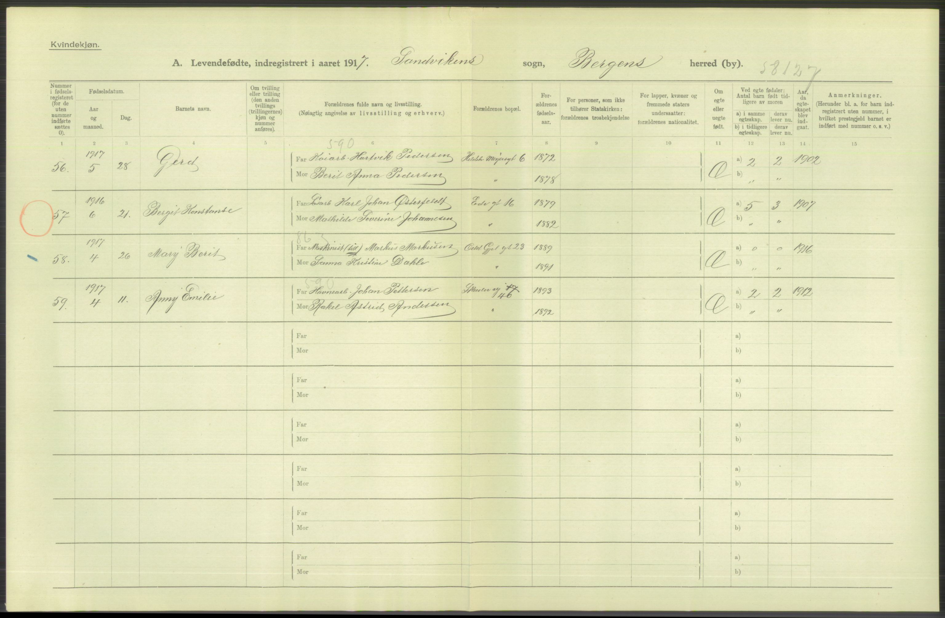 Statistisk sentralbyrå, Sosiodemografiske emner, Befolkning, RA/S-2228/D/Df/Dfb/Dfbg/L0037: Bergen: Levendefødte menn og kvinner., 1917, s. 258