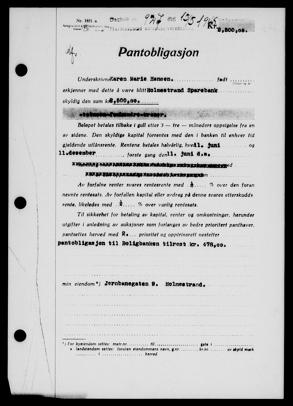 Holmestrand sorenskriveri, SAKO/A-67/G/Ga/Gab/L0058: Pantebok nr. B-58, 1947-1948, Dagboknr: 927/1948