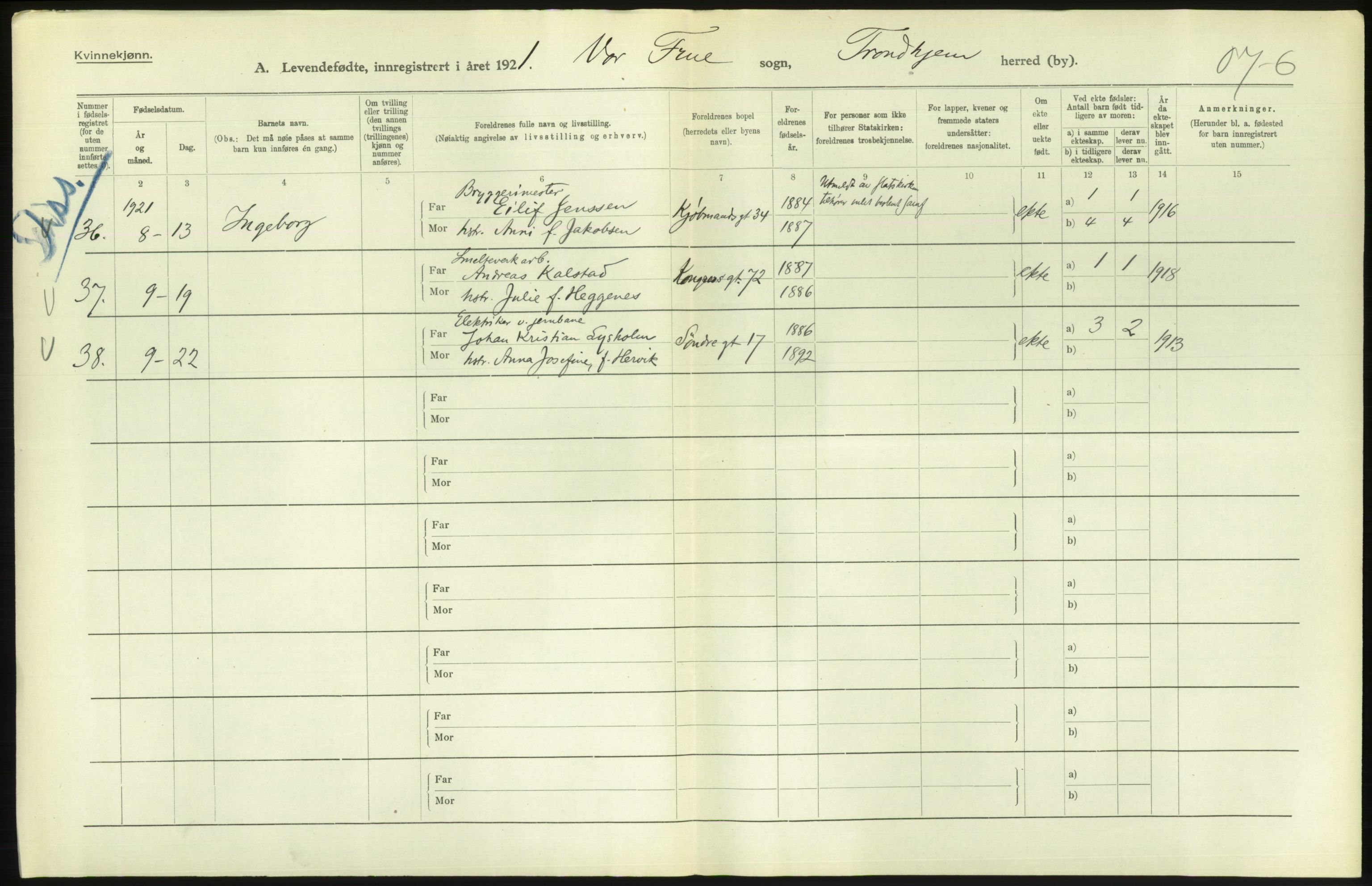 Statistisk sentralbyrå, Sosiodemografiske emner, Befolkning, RA/S-2228/D/Df/Dfc/Dfca/L0045: Trondheim: Levendefødte menn og kvinner, gifte., 1921, s. 416