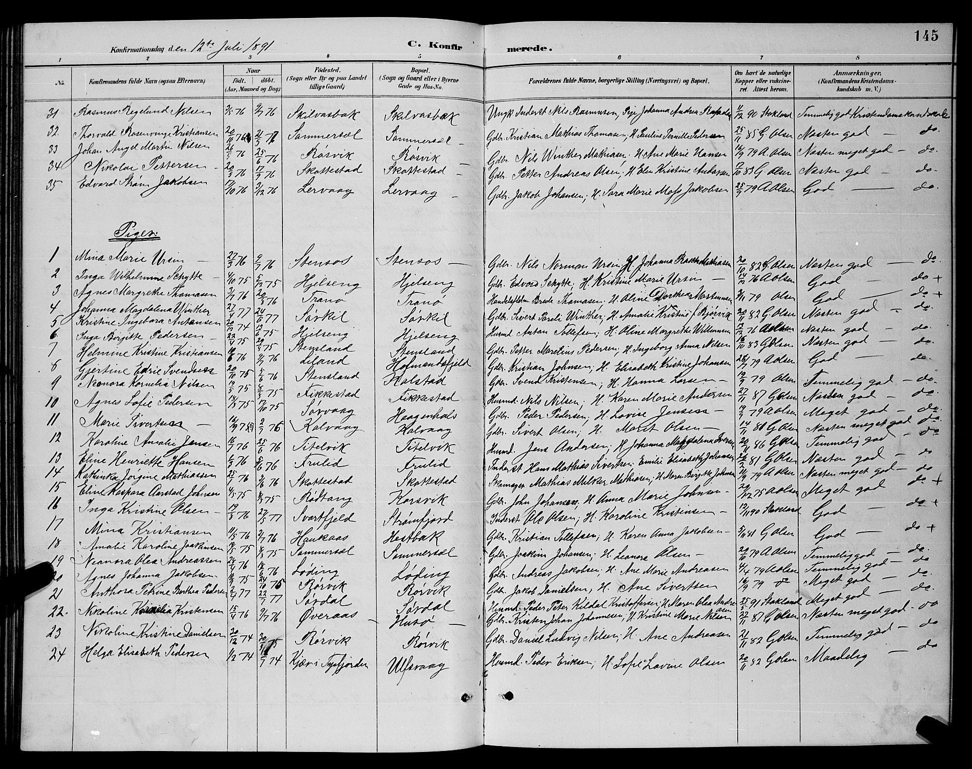Ministerialprotokoller, klokkerbøker og fødselsregistre - Nordland, AV/SAT-A-1459/859/L0859: Klokkerbok nr. 859C05, 1887-1898, s. 145