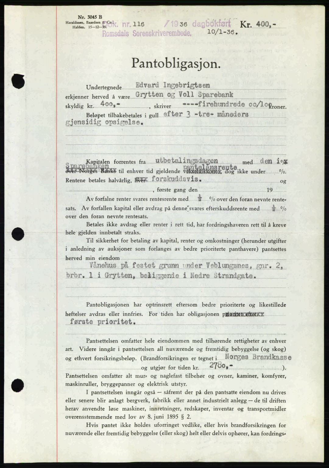 Romsdal sorenskriveri, SAT/A-4149/1/2/2C: Pantebok nr. B1, 1936-1939, Dagboknr: 116/1936